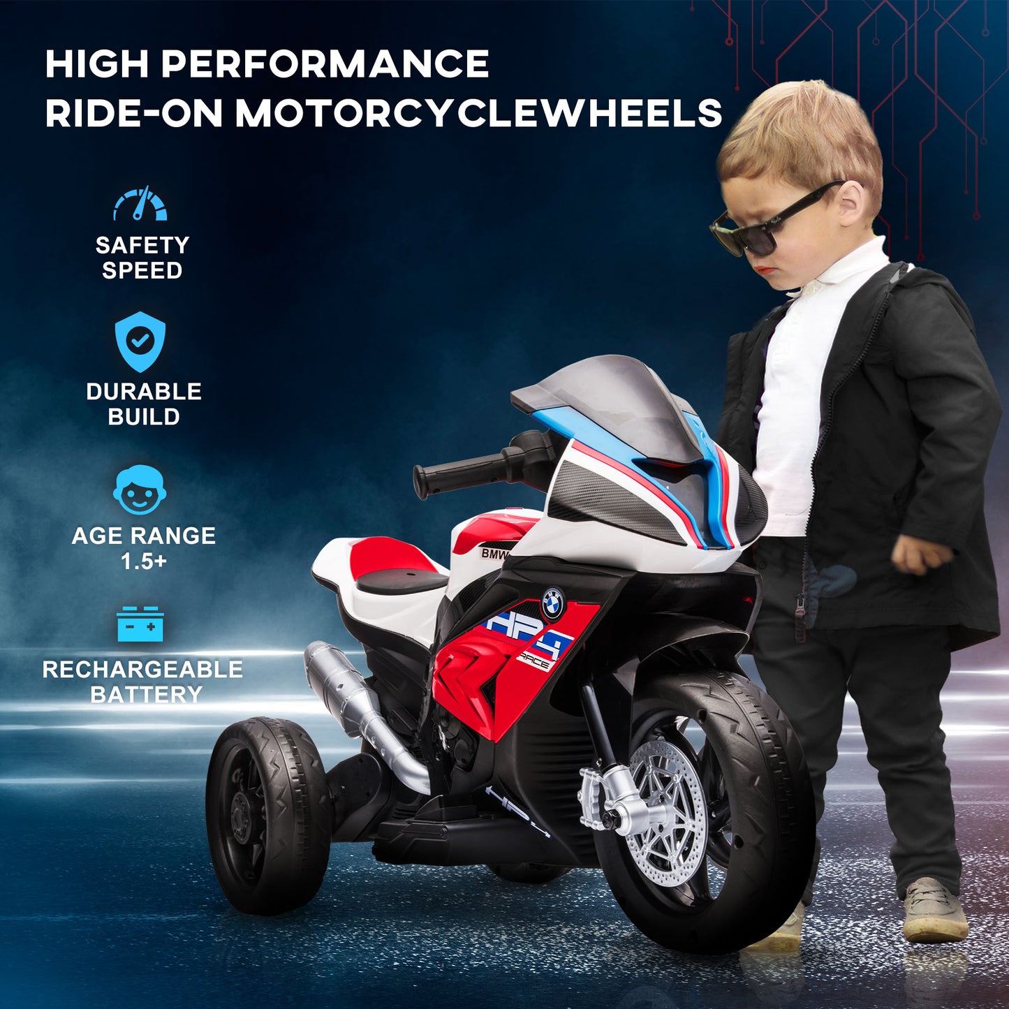 HOMCOM Licensed BMW HP4 Kids Electric Motorbike Ride-On Toy 3-Wheels 6