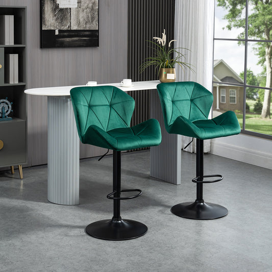 HOMCOM Bar Stools Set Of 2, Luxurious Velvet-Touch Barstools with Metal Frame Footrest Round Base Triangle Indenting Moulded Seat Adjustable Height Swivel Green