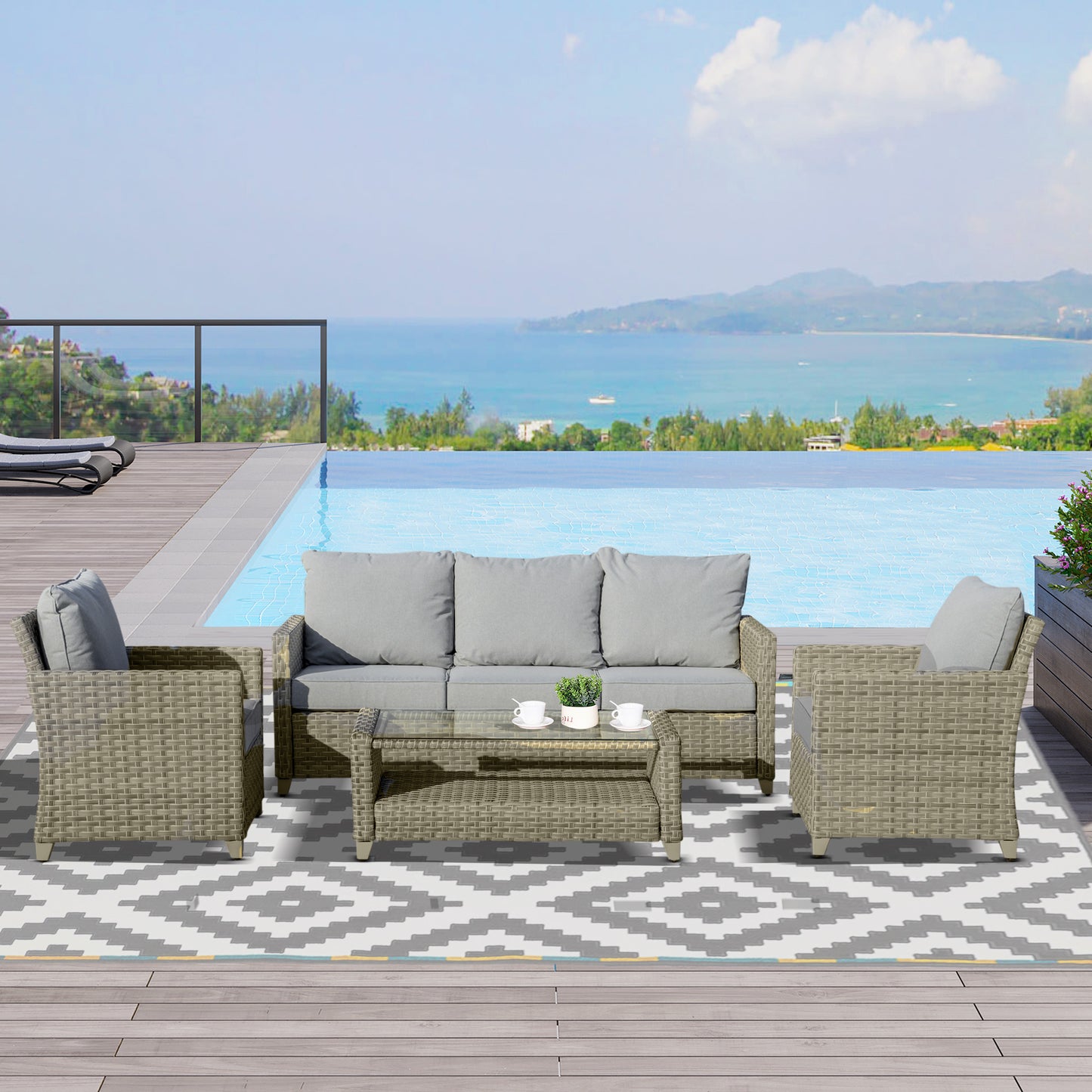 Outsunny 5-Seater Patio Wicker Sofa Set, Outdoor PE Rattan Sectional Conversation Aluminium Frame Furniture Set with 2-Tier Tea Table, Brown