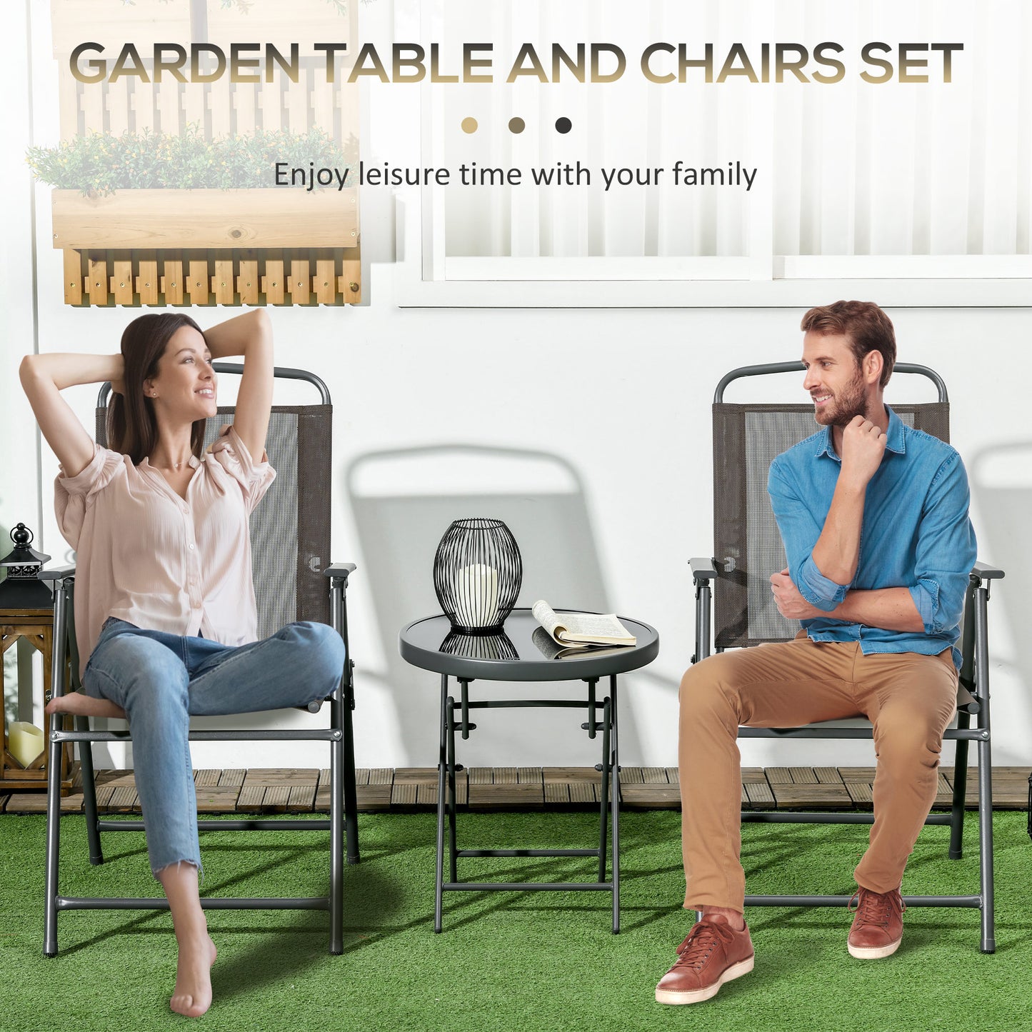 Outsunny 3 Pcs Garden Table and Chairs, Outdoor Bistro Set, Patio Conversation Furniture Set w/ Foldable Armchairs & Glass Top Coffee Table, Brown