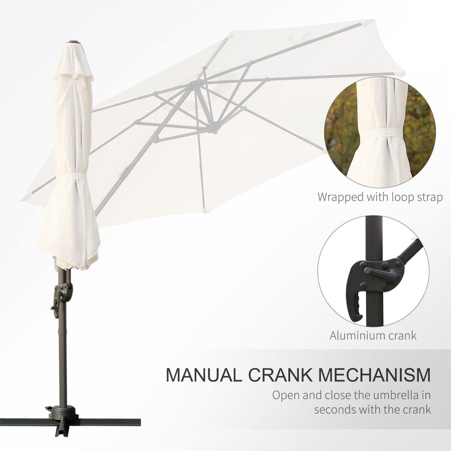 Outsunny Patio Roma Parasol Cantilever Hanging Sun Shade Umbrella Cream White