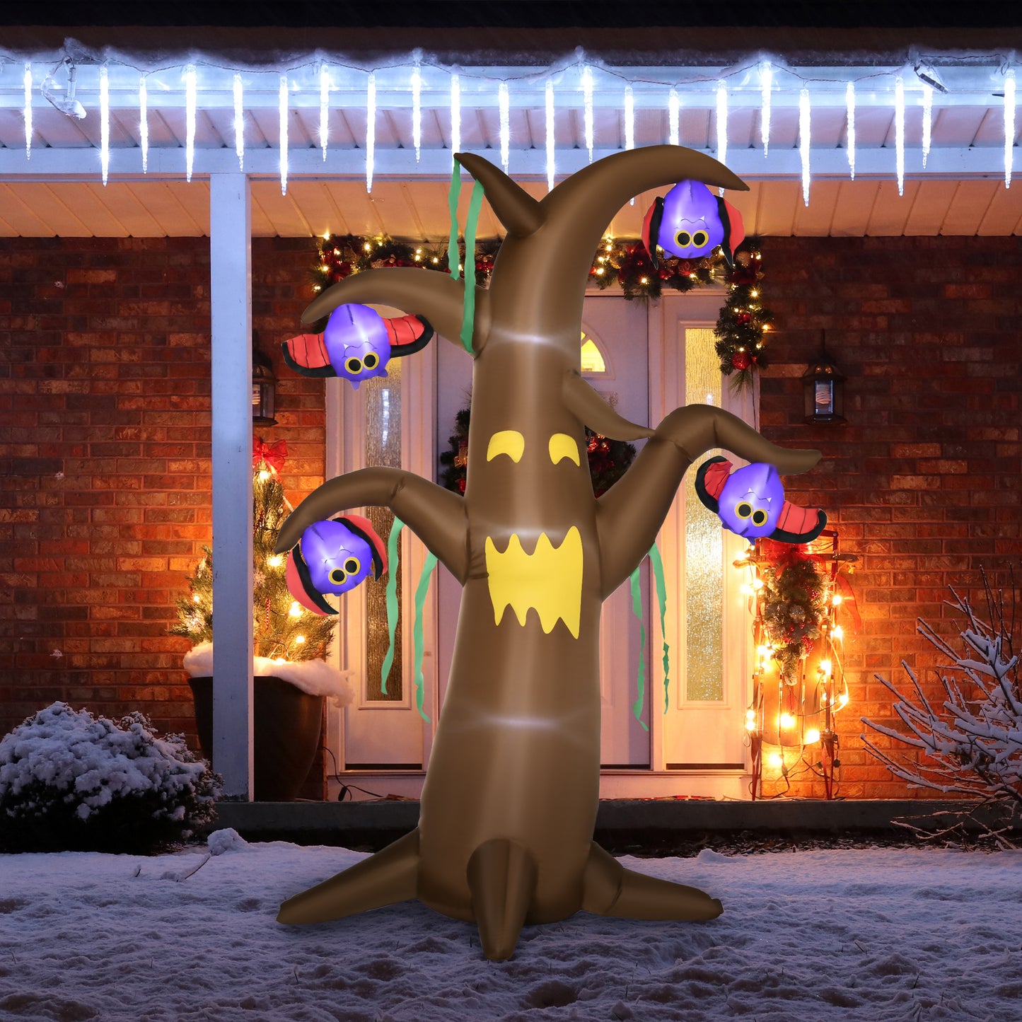 Outsunny 8ft Inflatable Halloween Ghost Tree with Upside-down Bats Showing Teeth Wings, Blow-Up Outdoor LED Display for Lawn, Garden, Party