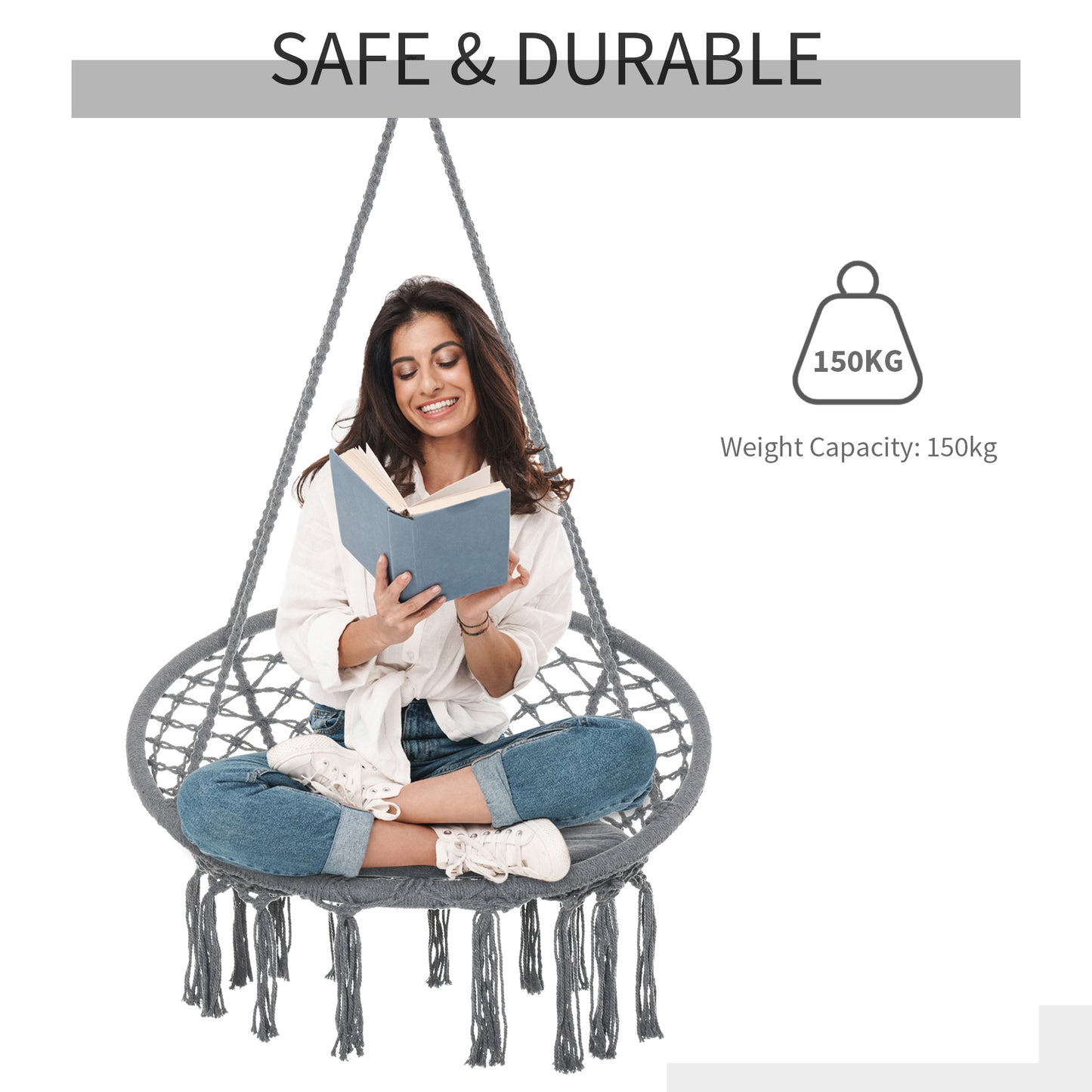 Outsunny Cotton-Polyester Blend Macrame Hanging Chair Swing Hammock with Backrest