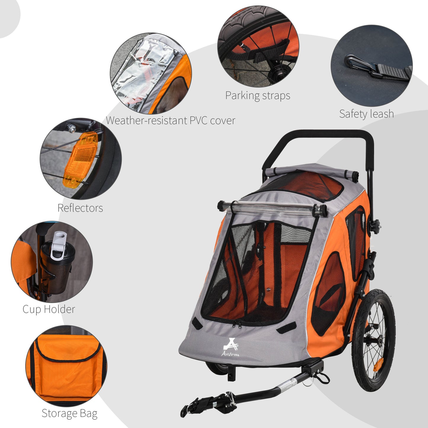 PawHut 2-IN-1 Dog Bike Trailer Pet Carrier Stroller Reflector 140 x 71 x 105cm