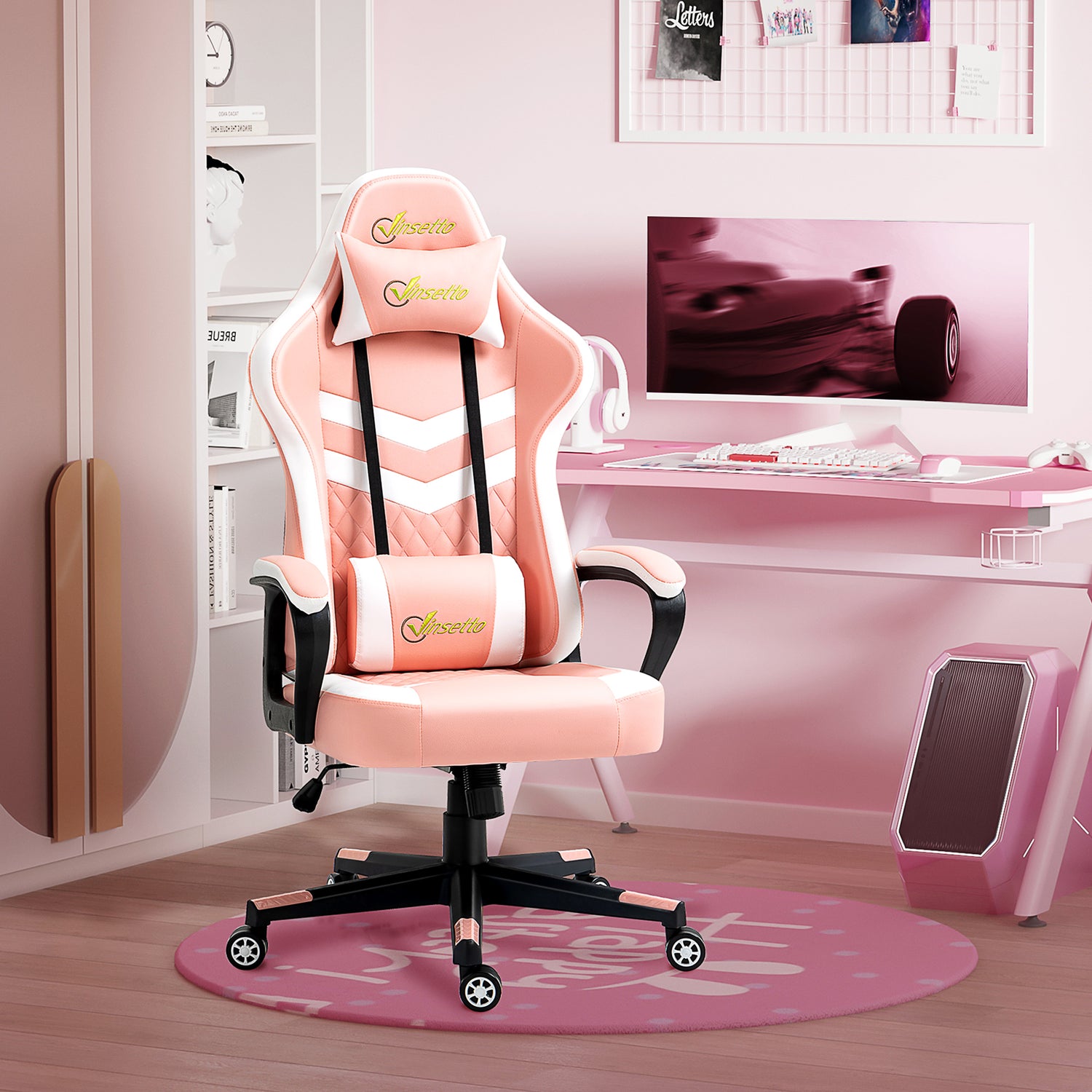 Vinsetto Racing Gaming Chair with Lumbar Support, Head Pillow, Swivel  Wheels, High Back Recliner Gamer Desk, Pink