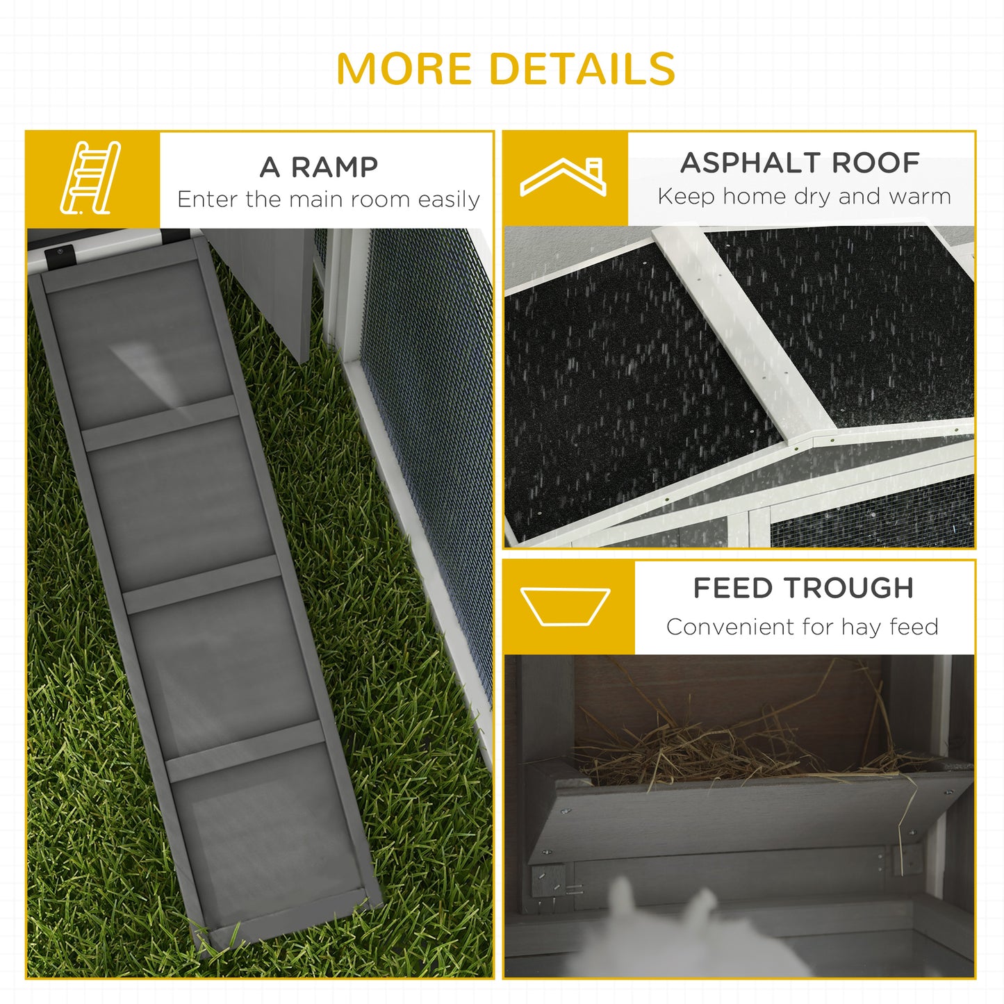 PawHut Rabbit Hutch and Run Outdoor Bunny Cage Wooden Guinea Pig Hide House with Sliding Tray Hay Rack Ramp 156 x 58 x 68cm Grey