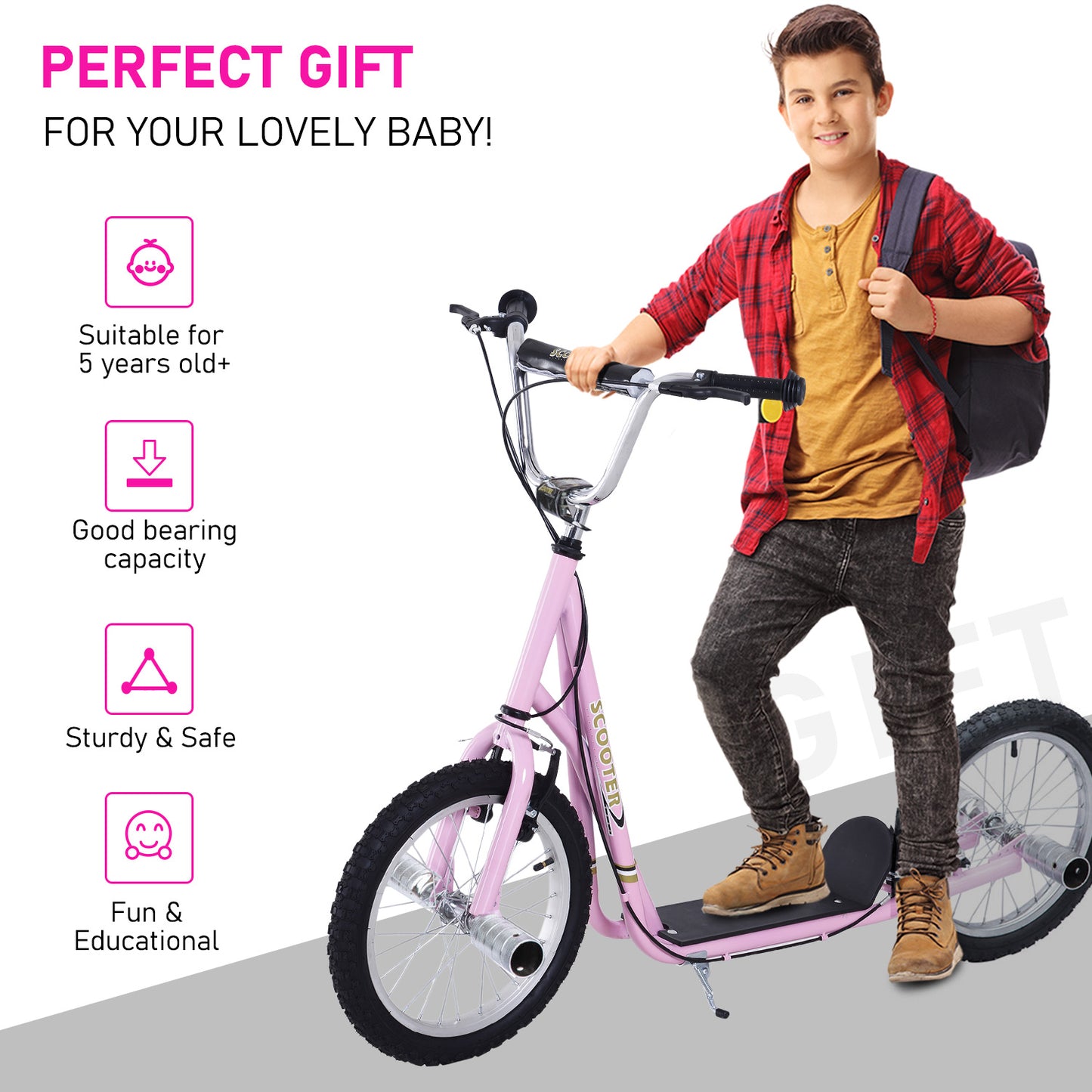 HOMCOM Non-Electric Pneumatic 16" Tyres Scooter-Pink