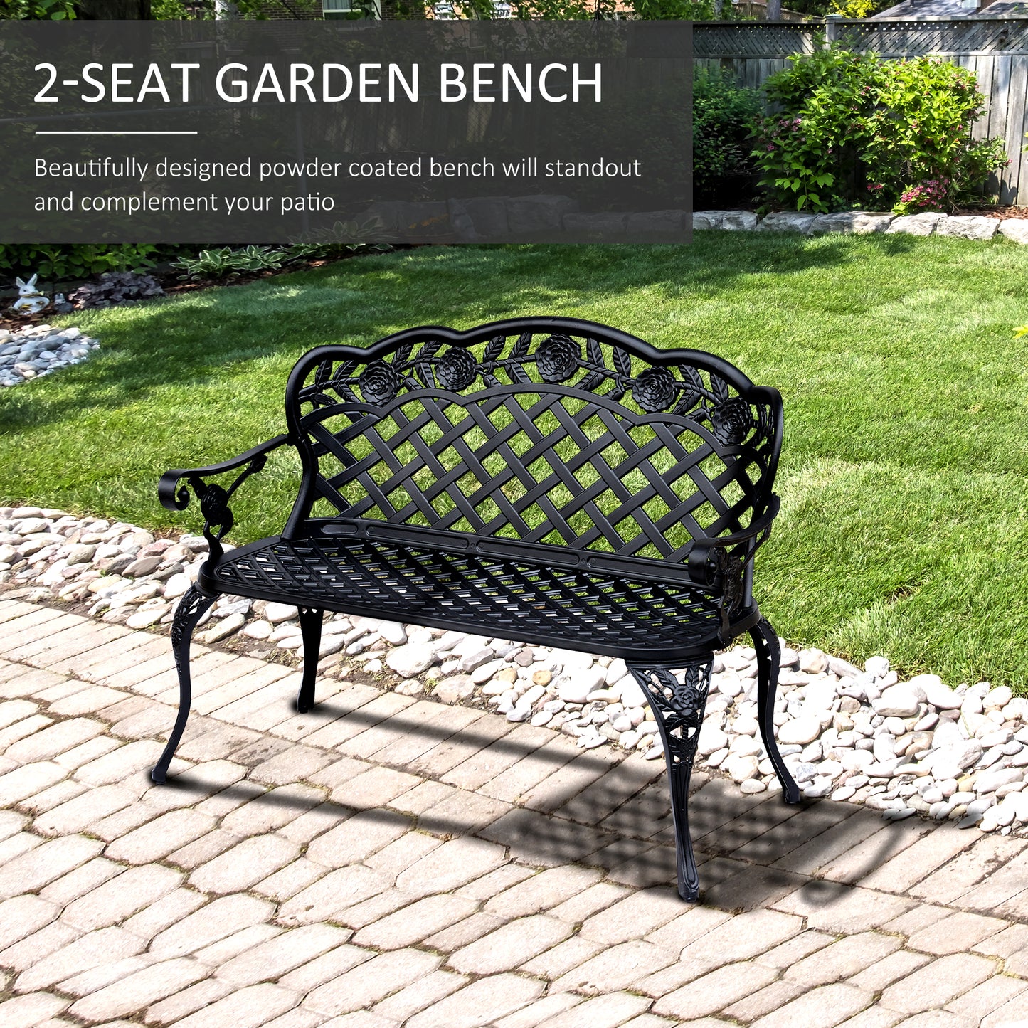 Outsunny Garden Bench, Cast Aluminium, 107Lx58Wx85H cm-Black