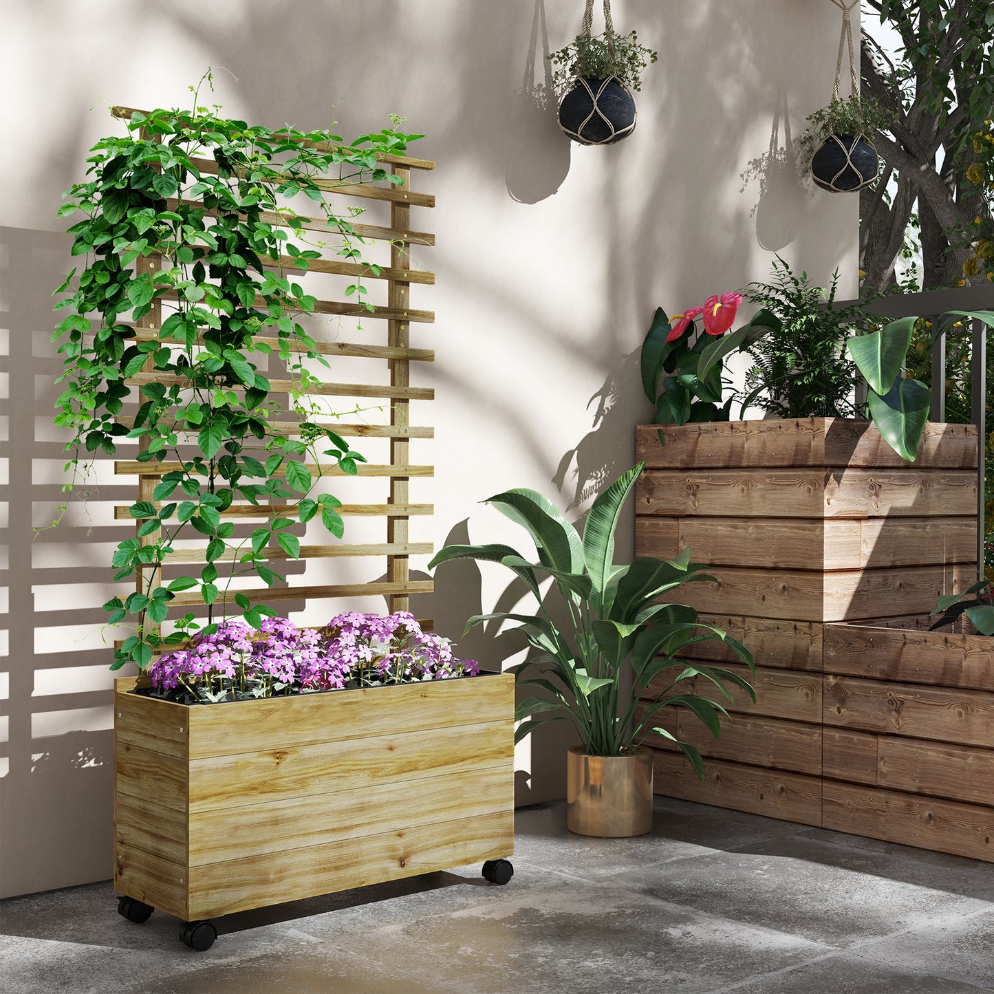 Outsunny Wooden Garden Raised Bed with Trellis Planter Box with 4 Wheels for Climbing Plants 76x30x155cm Natural