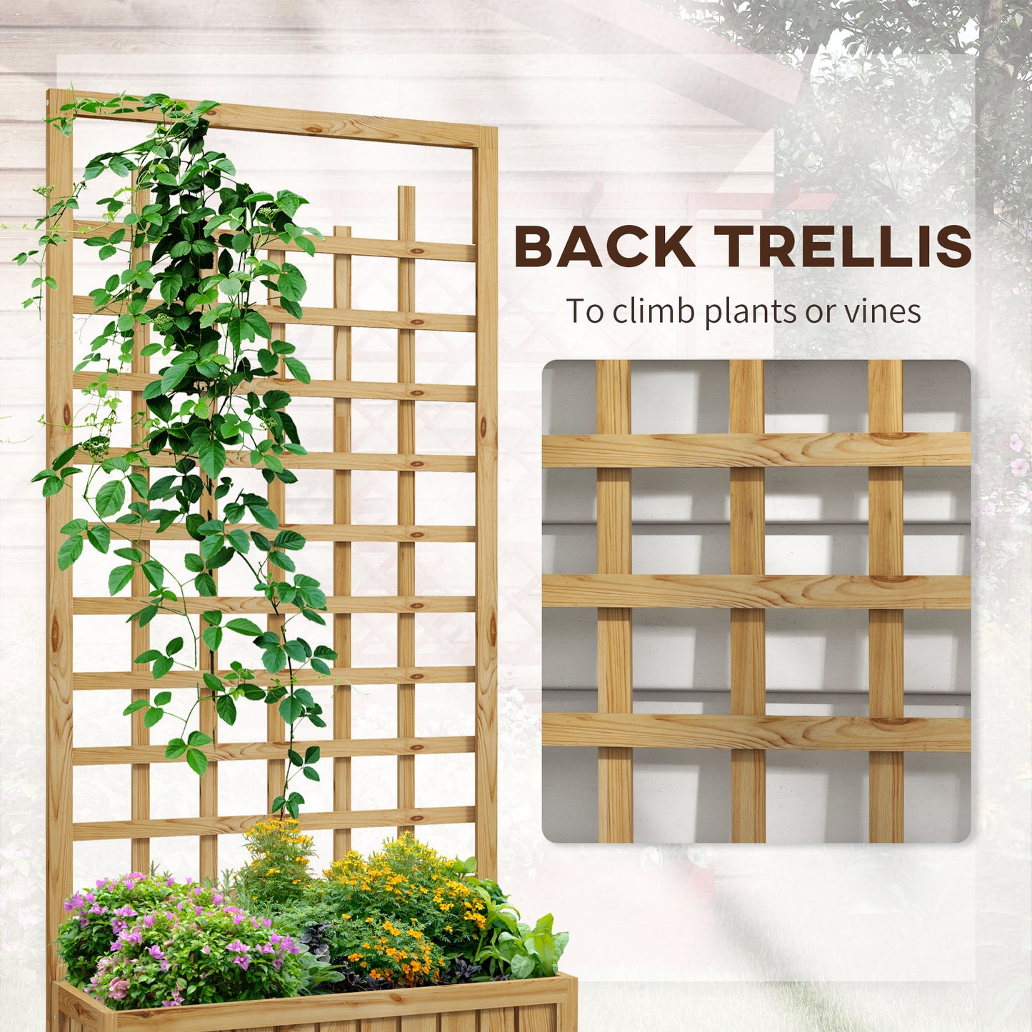 Outsunny Wooden Trellis Planter Raised Garden Bed with Wheels and Bed Liner to Climb and Grow Vegetables Herbs and Flowers