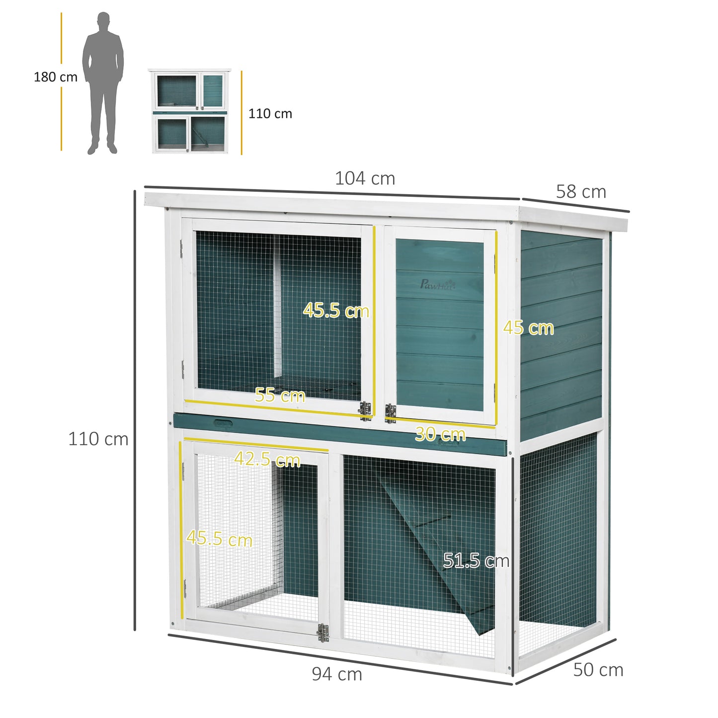 PawHut 2 Tier Wooden Rabbit Hutch, Guinea Pig Cage, Bunny Run, Small Animal House for Indoor Outdoor with Slide-out Tray, 104 x 58 x 110cm, Green