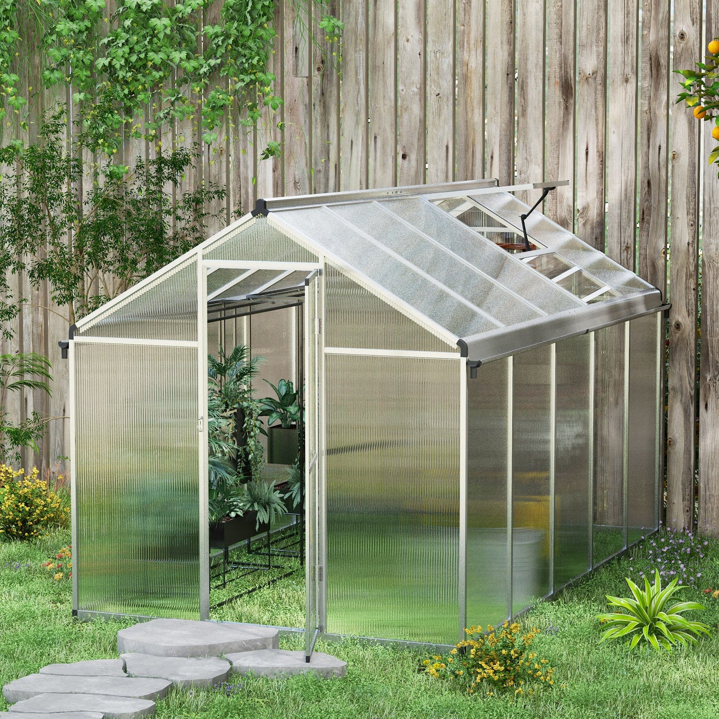 Outsunny 6 x 10ft Polycarbonate Greenhouse with Rain Gutters, Large Walk-In Green House with Door and Window, Garden Plants Grow House with Aluminium Frame and Foundation