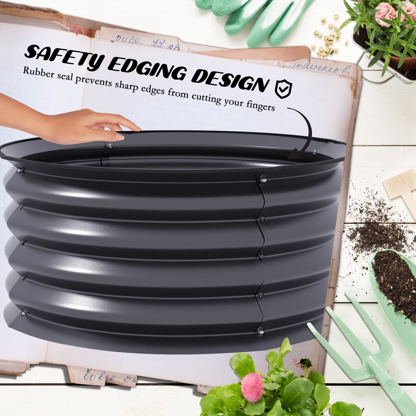 Outsunny Set of 2 Raised Garden Bed Metal Planter Box with Safety Edging Easytoassemble Stock Tank Dark Grey