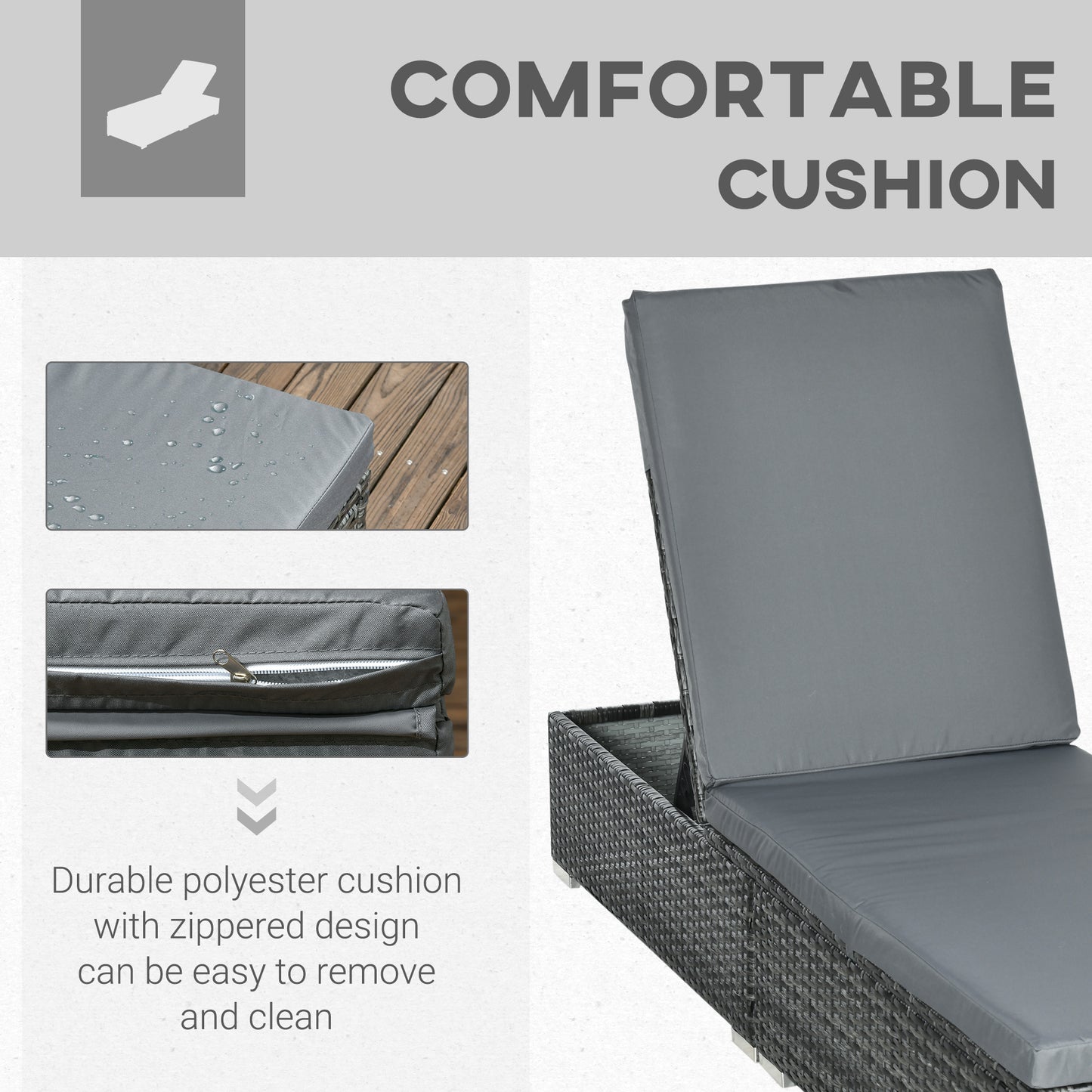 Outsunny Rattan Sun Lounger Adjustable Garden Furniture Recliner Bed Chair Reclining Patio Wicker, Grey