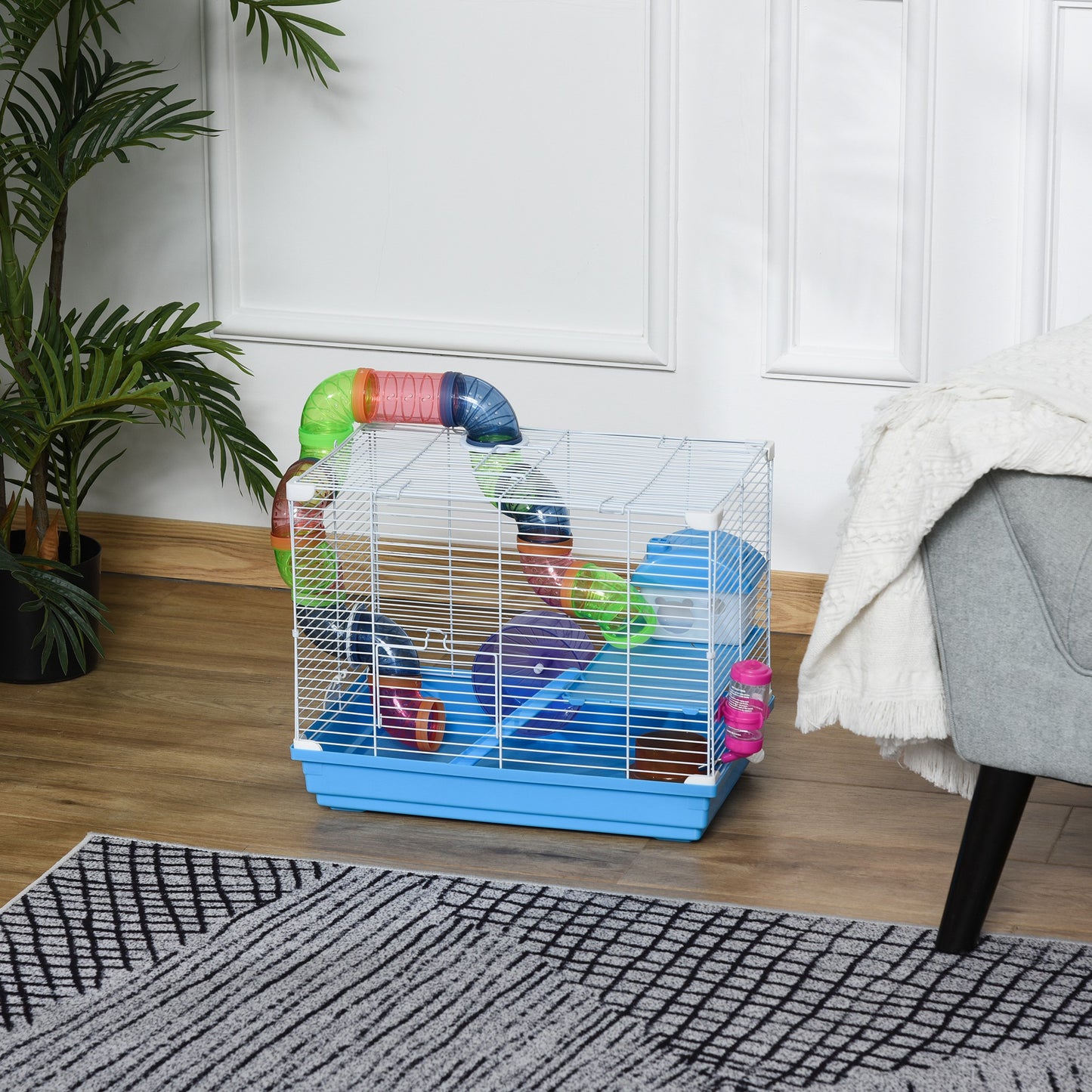 Pawhut 2 Tier Hamster Cage Carrier Habitat Small Animal House with Exercise Wheels Tunnel Tube Water Bottle Dishes House Ladder for Dwarf Mice, Blue w/