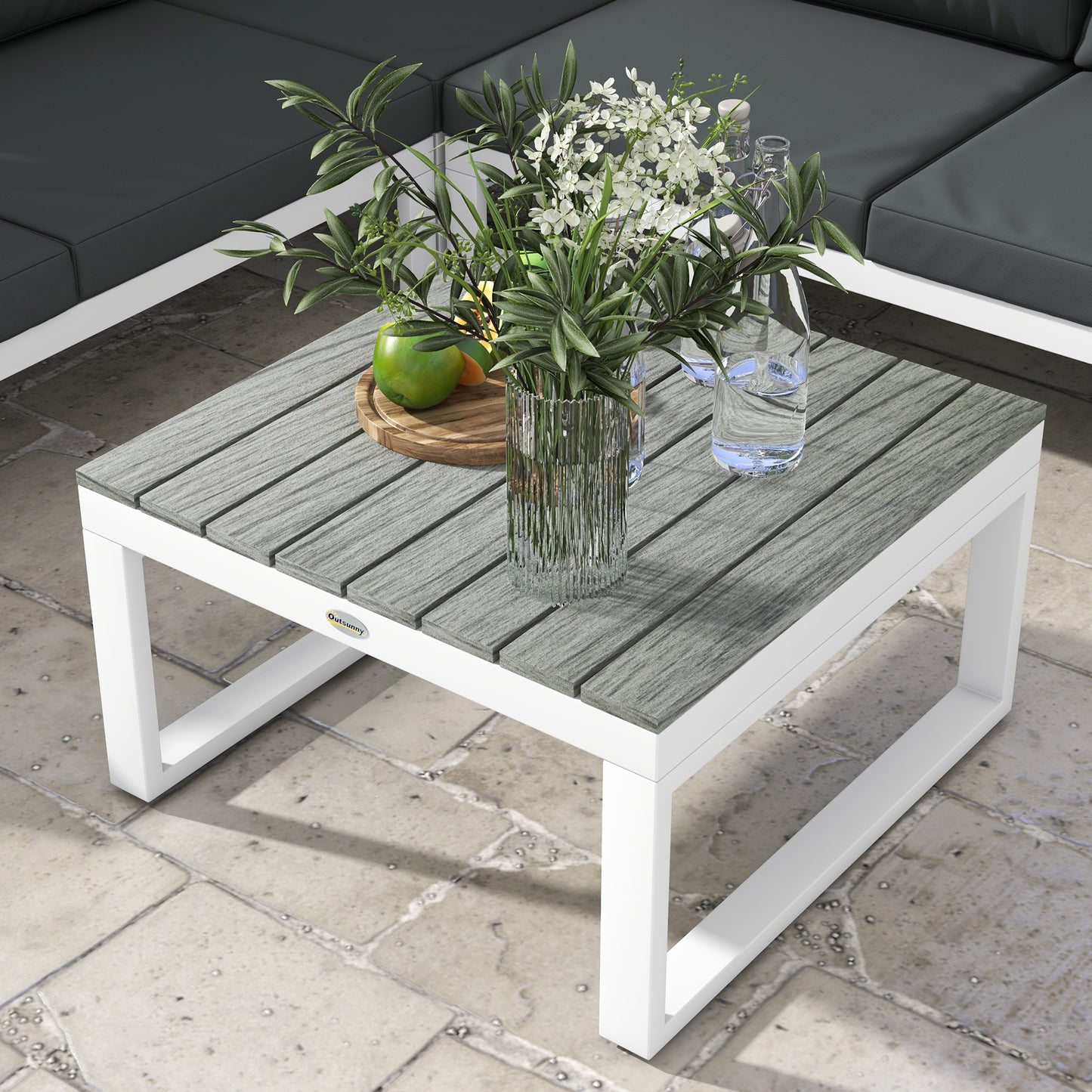 Outsunny 4 Pcs Patio Garden Set w/ 5-Level Recline Corner Sofa, Garden Lounge Sectional Conversation Sofa Set w/ Cushions, Coffee Table, White