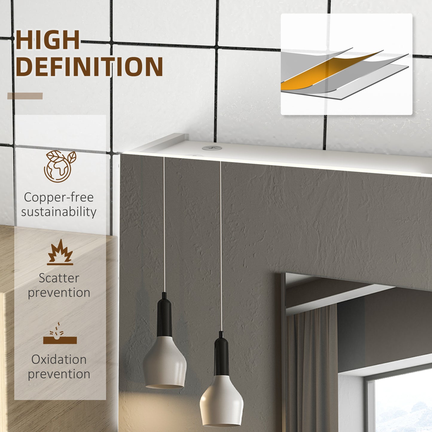 kleankin Bathroom Mirror Cabinet with Light Bathroom Storage Cupboard with Adjustable Shelf USB Charge 90x15x70cm White