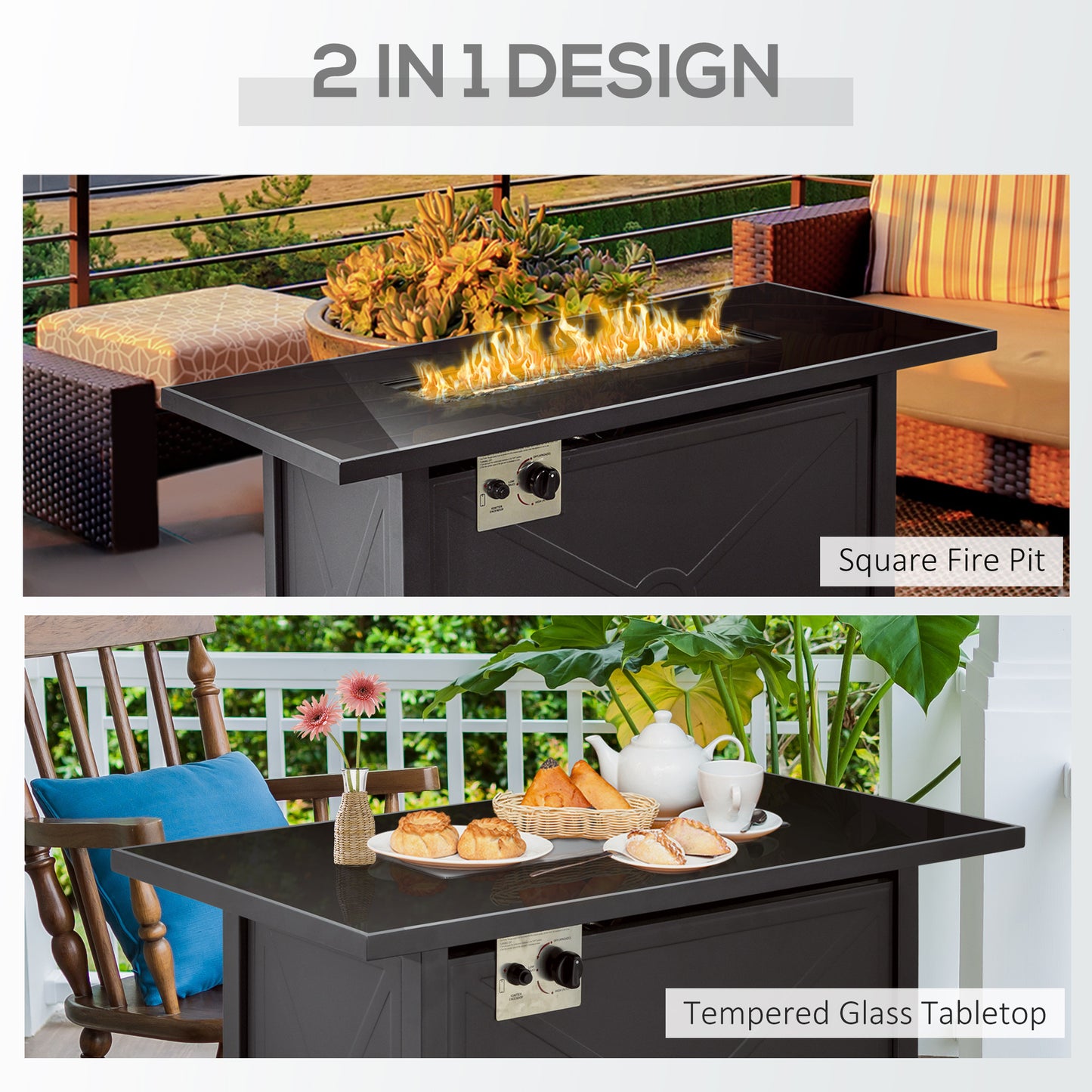Outsunny Propane Gas Fire Pit Table, 50000BTU Smokeless Firepit Outdoor Patio Heater with Tempered Glass Tabletop, Cover, 109cm x 56cm x 64cm, Black