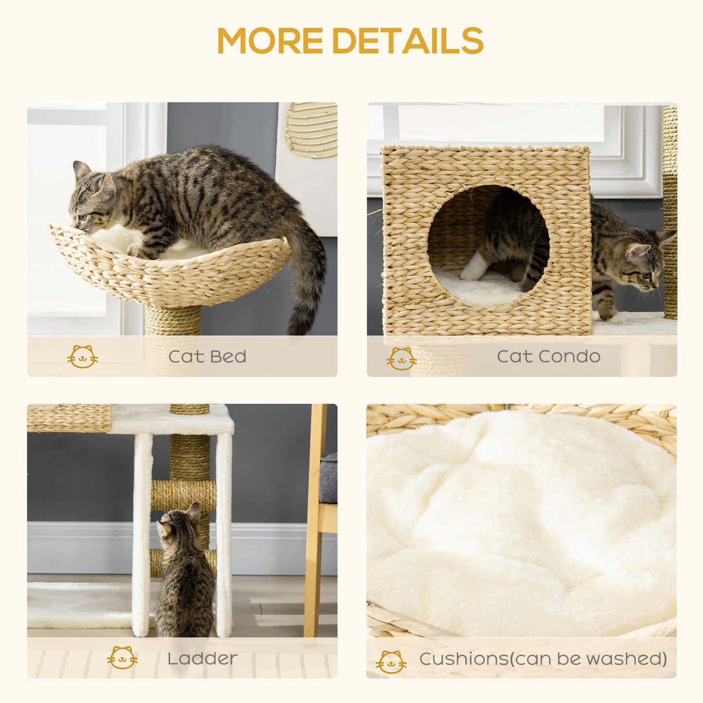 PawHut Cat Tree with Scratching Posts Bed Cat House Natural Finish