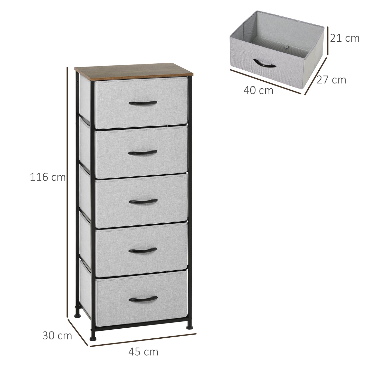 HOMCOM Chest of Drawers, Fabric Storage Drawers, Industrial Bedroom Dresser with 5 Fabric Drawers, Steel Frame and Wooden Top for Nursery, Living Room, Closet, Hallway, Grey