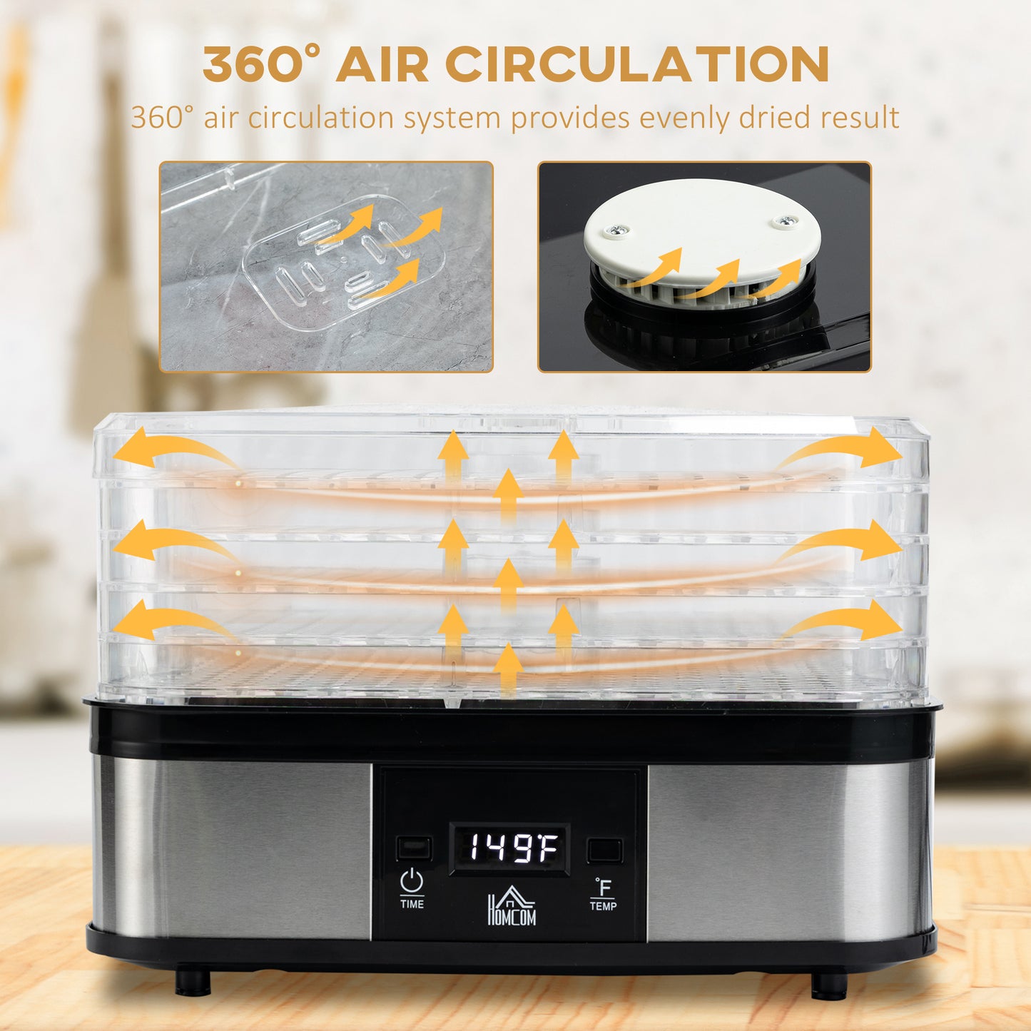 HOMCOM 5 Tier Food Dehydrator, 245W Stainless Steel Food Dryer Machine with Adjustable Temperature, Timer and LCD Display for Drying Fruit, Meat, Vegetable, Jerky and Pet Treat, Silver