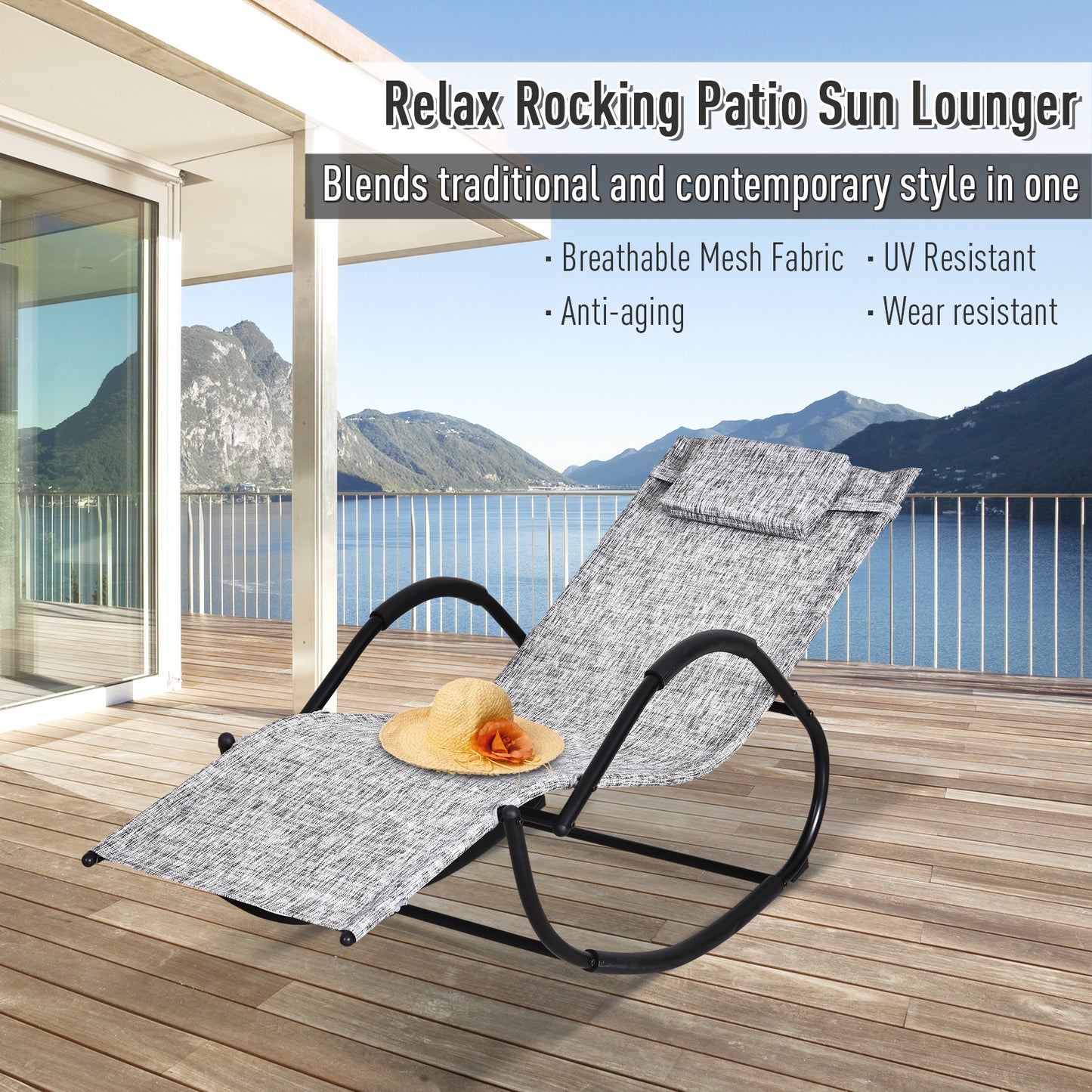 Outsunny Steel Frame Zero Gravity Rocking Lounge Chair w/ Pillow Grey