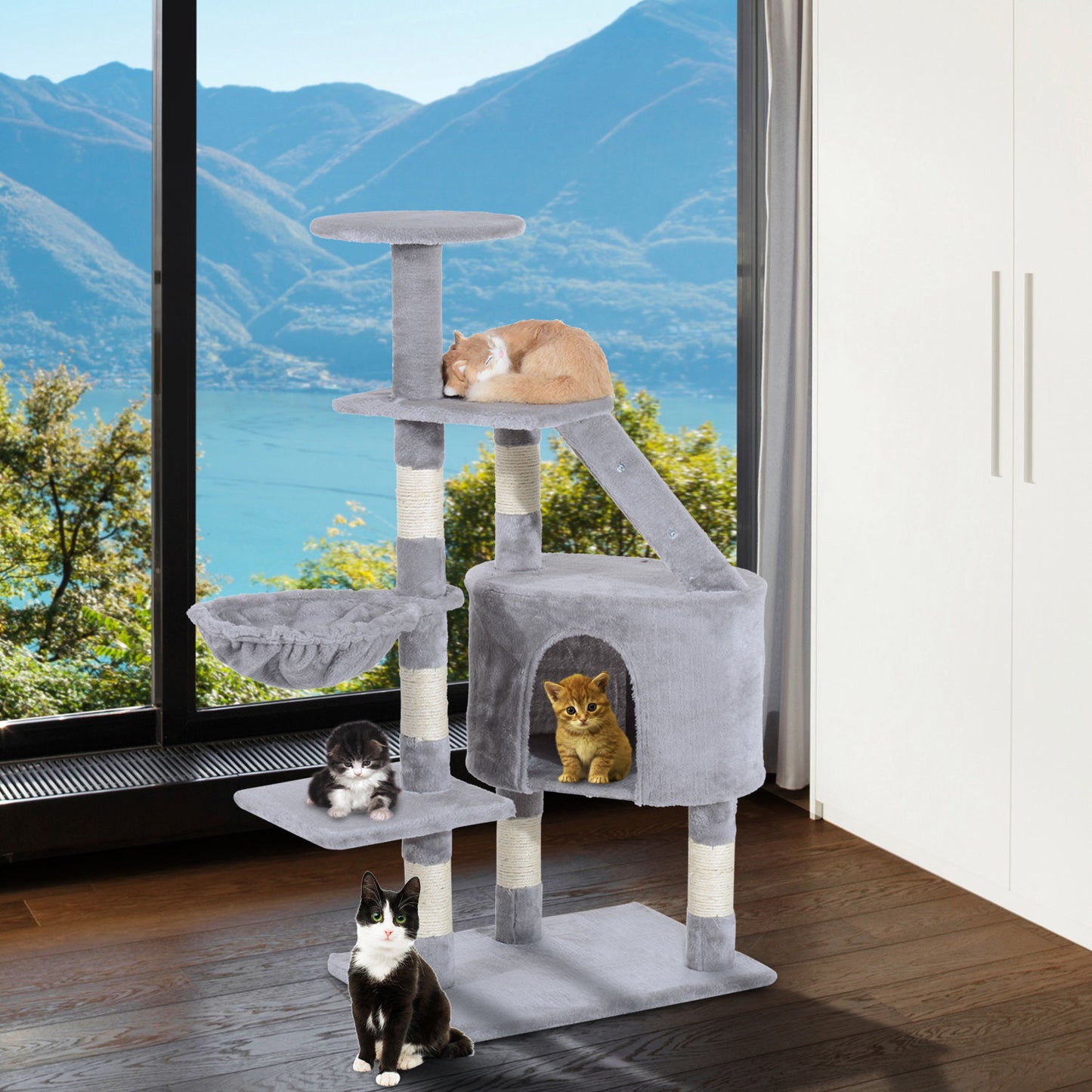 PawHut Cat Tree Kitten Scratching Post Activity Center Play House Pet Furniture 125cm (Grey)