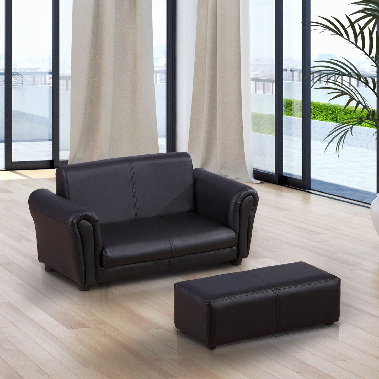 HOMCOM Kids PVC 2-Seater Mini Sofa Set w/ Footstool Black