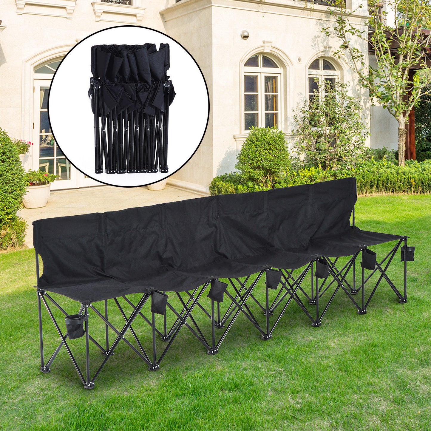 Outsunny 6 Seater Folding Sports Bench Outdoor Picnic Camping Portable Chair w/Cup Holder & Carry Bag - Black