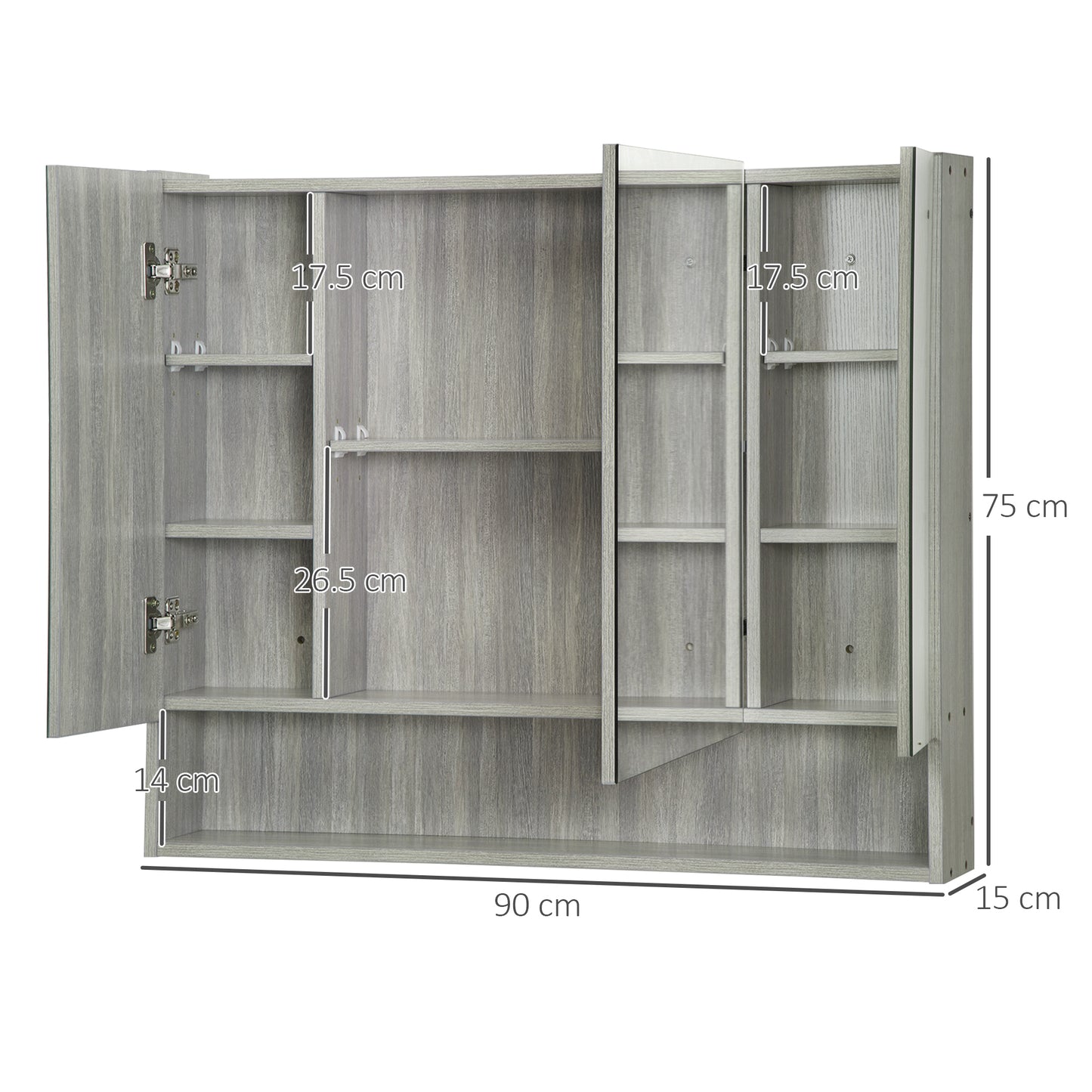 kleankin Bathroom Mirror Cabinet, Wall Mounted Storage Cabinet with Adjustable Shelves, 3 Doors and Cupboards, Grey