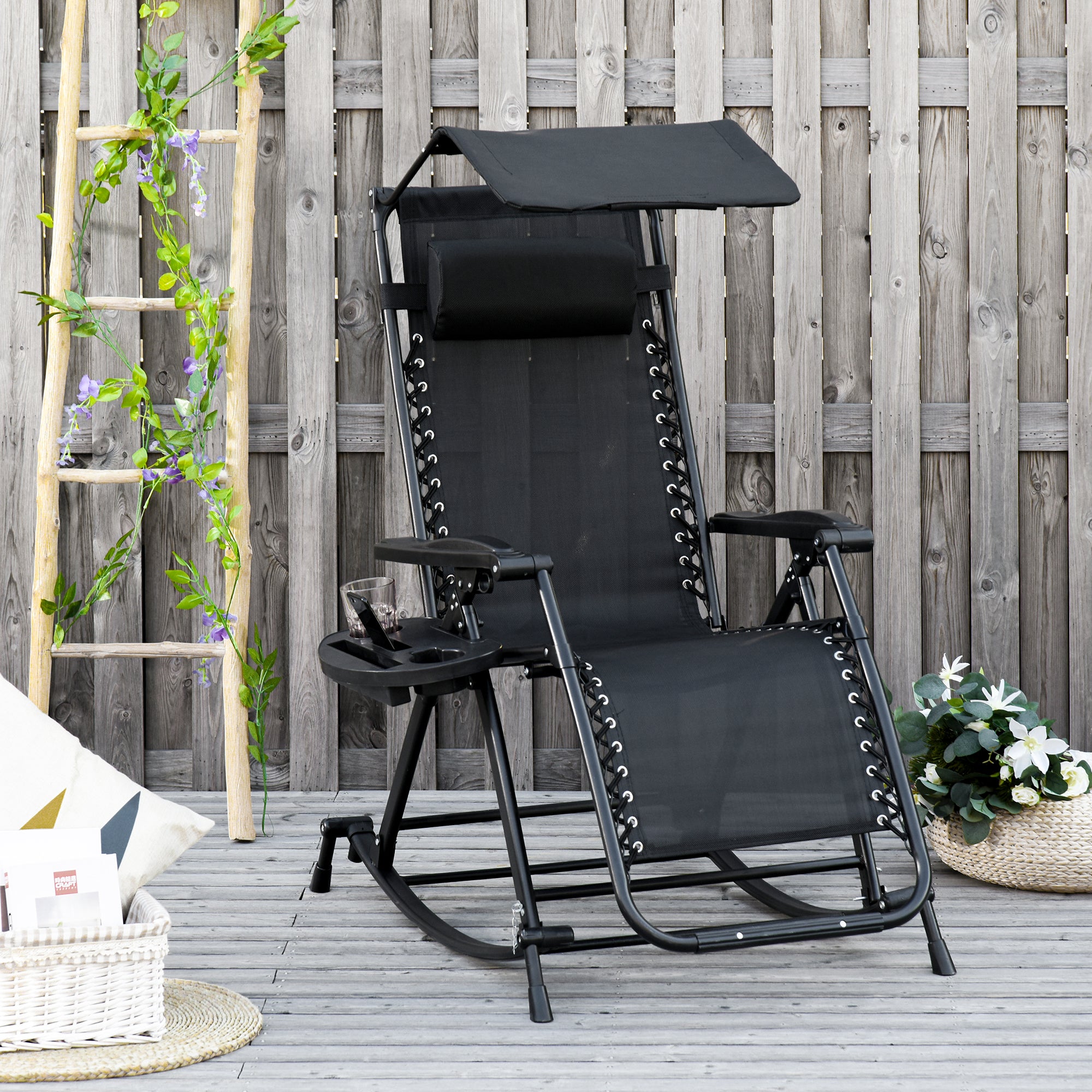 Outsunny Garden Rocking Chair Folding Recliner Outdoor Adjustable Sun ...