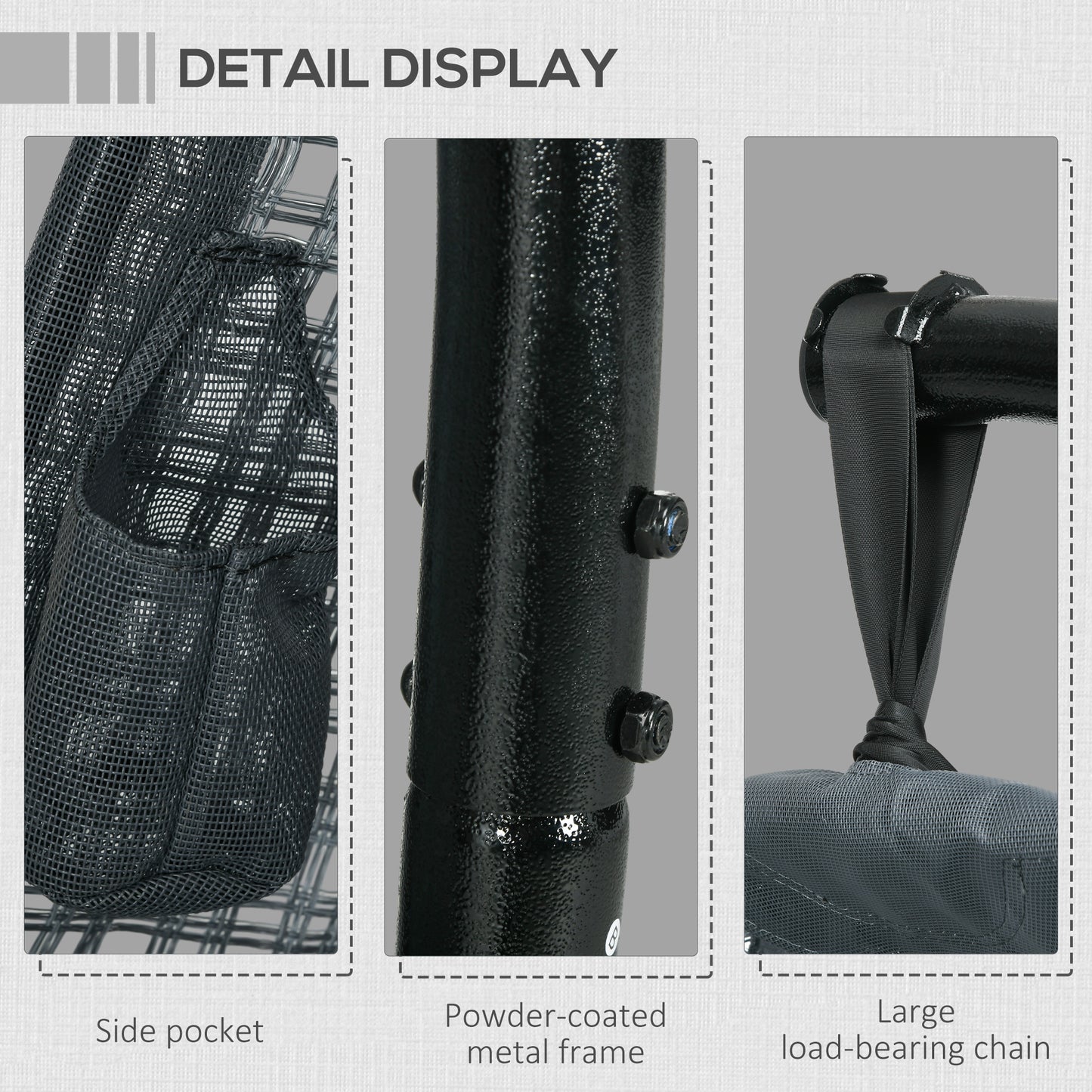 Outsunny Outdoor Swing Chair w/ Thick Padded Cushion, Patio Hanging Chair w/ Metal Stand, Foldable Basket, Cup Holder, Dark Grey