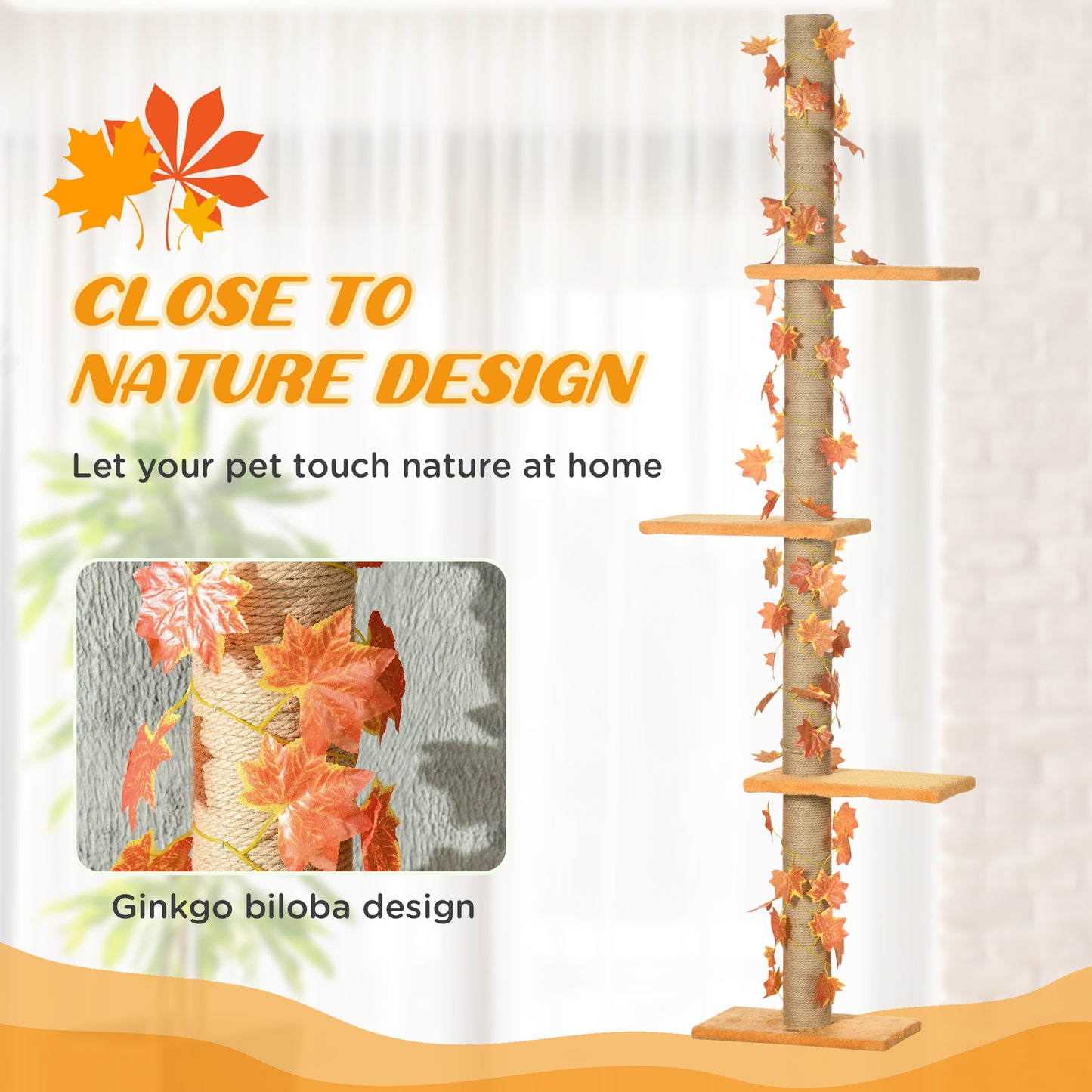 PawHut 242cm Adjustable Floor-To-Ceiling Cat Tree, with Artificial Decoration, Perches, Anti-Slip Kit - Orange