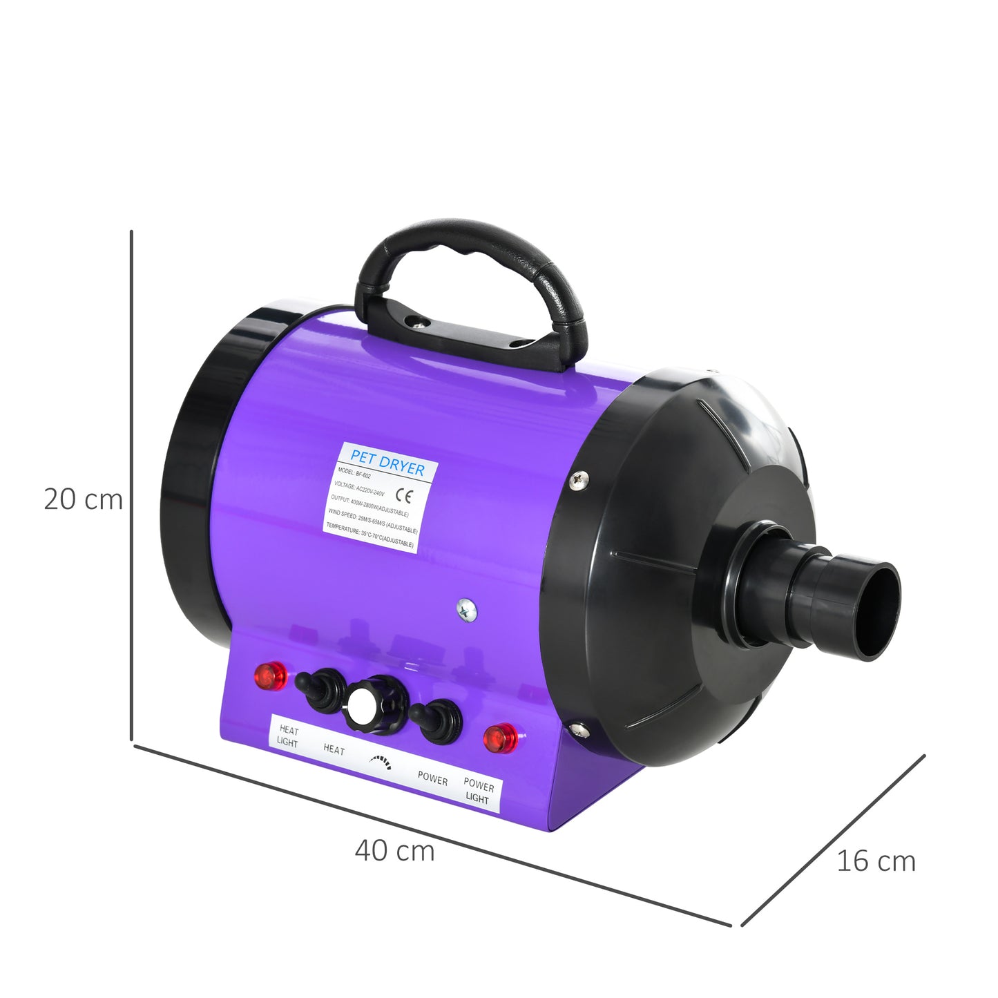 PawHut Dog Pet Grooming Hairdryer Heater w/ Three Nozzles 2800W - Purple