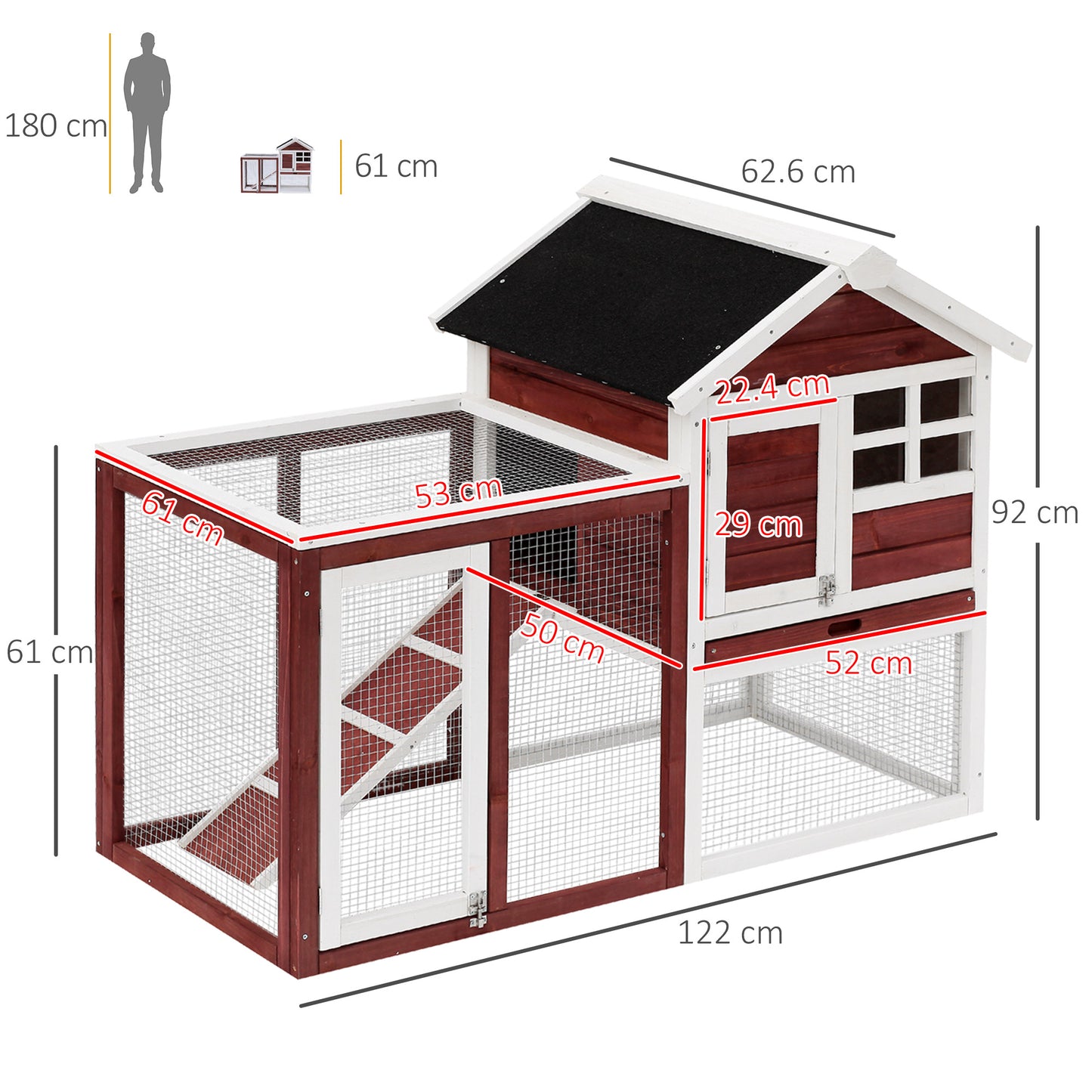 PawHut 122 Wooden Rabbit Hutch Bunny Cage with Waterproof Asphalt Roof, Fun Outdoor Run, Removable Tray and Ramp, Brown