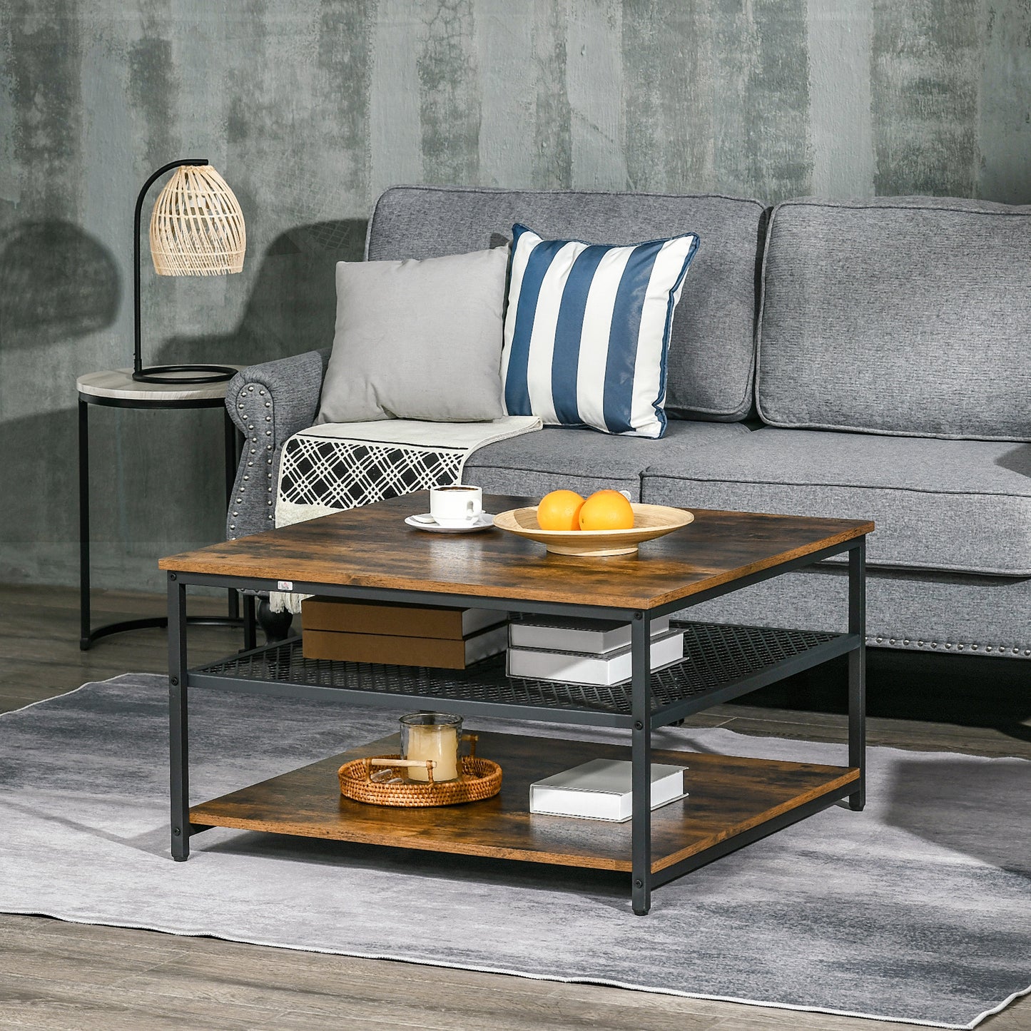 HOMCOM Industrial Coffee Table, Square Cocktail Table with 3-Tier Storage Shelves for Living Room, Rustic Brown