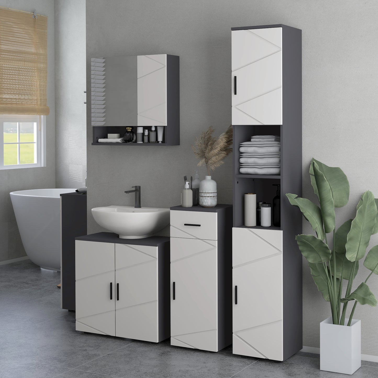kleankin 183cm Tall Bathroom Cabinet Narrow Bathroom Storage Cabinet with Open Shelves 2 Doors Cabinets Adjustable Shelves and Soft Close Mechanism Grey