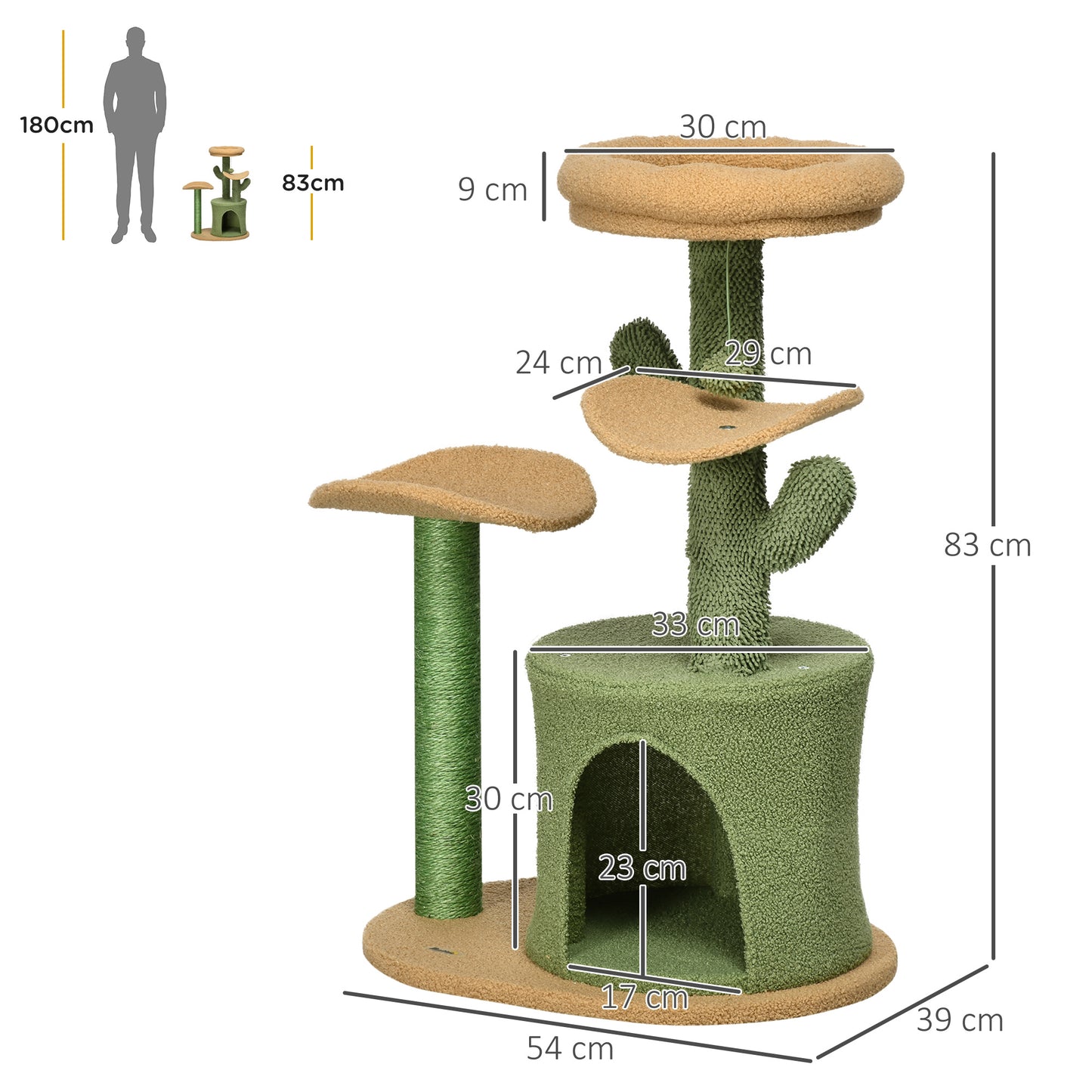 PawHut Cactus Cat Tree, 83cm Cat Climbing Tower, kitten Activity Centre with Teddy Fleece House, Green