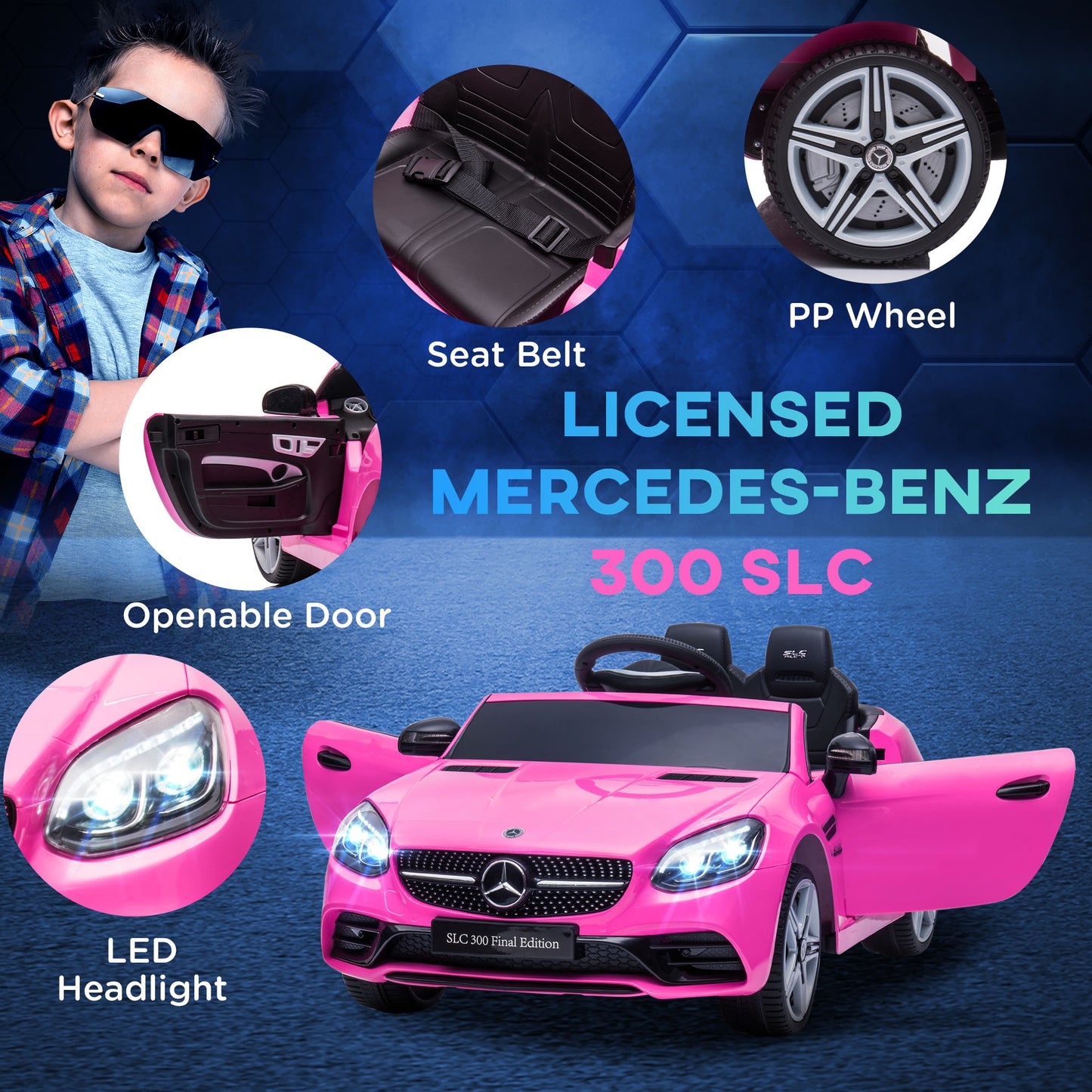 AIYAPLAY Mercedes Benz SLC 300 Licensed 12V Kids Electric Ride On Car with Parental Remote Two Motors Music Lights Suspension Wheels for 3-6 Years Pink