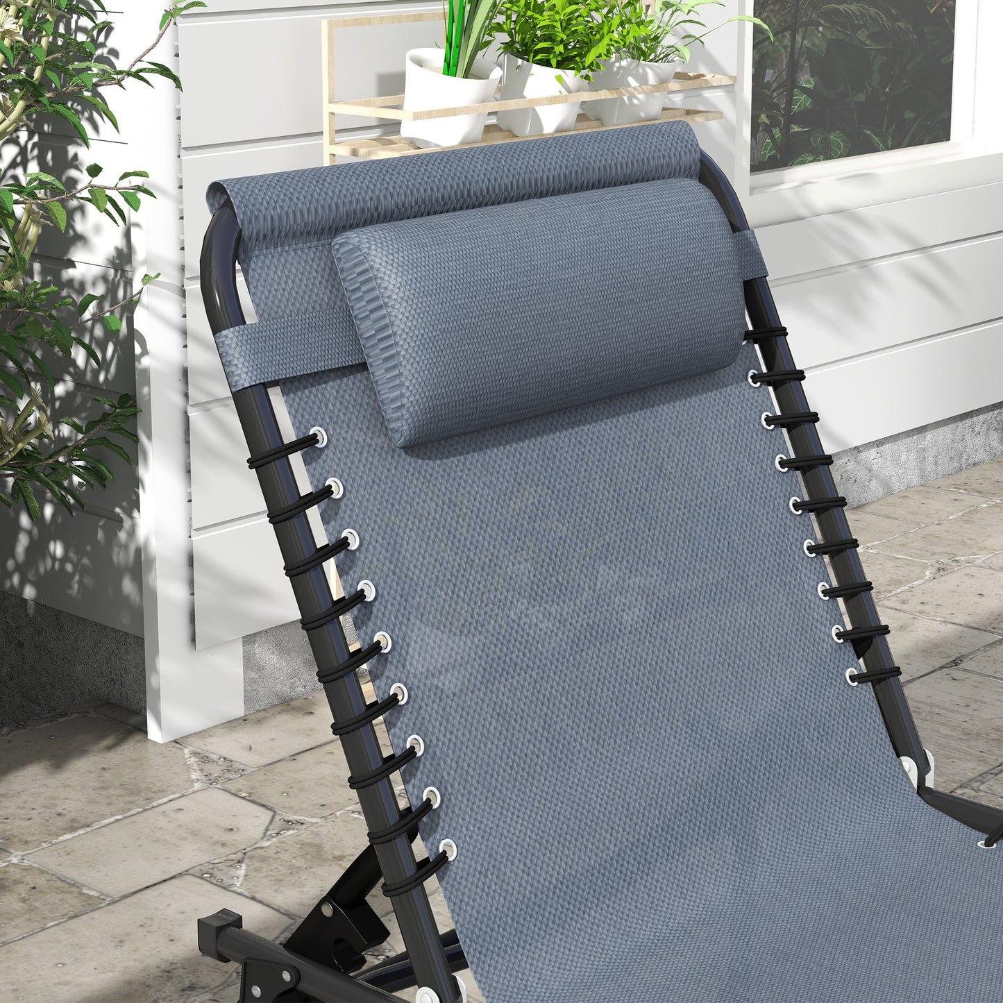 Outsunny 2 Pcs Folding Sun Lounger Beach Chaise Chair Garden Cot Camping Recliner with 4 Position Adjustable Grey