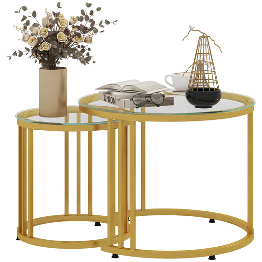 HOMCOM Round Coffee Tables Set of 2 Nesting Tables with Tempered Glass Top and Steel Frame 60cmx60cmx47cm Gold Tone