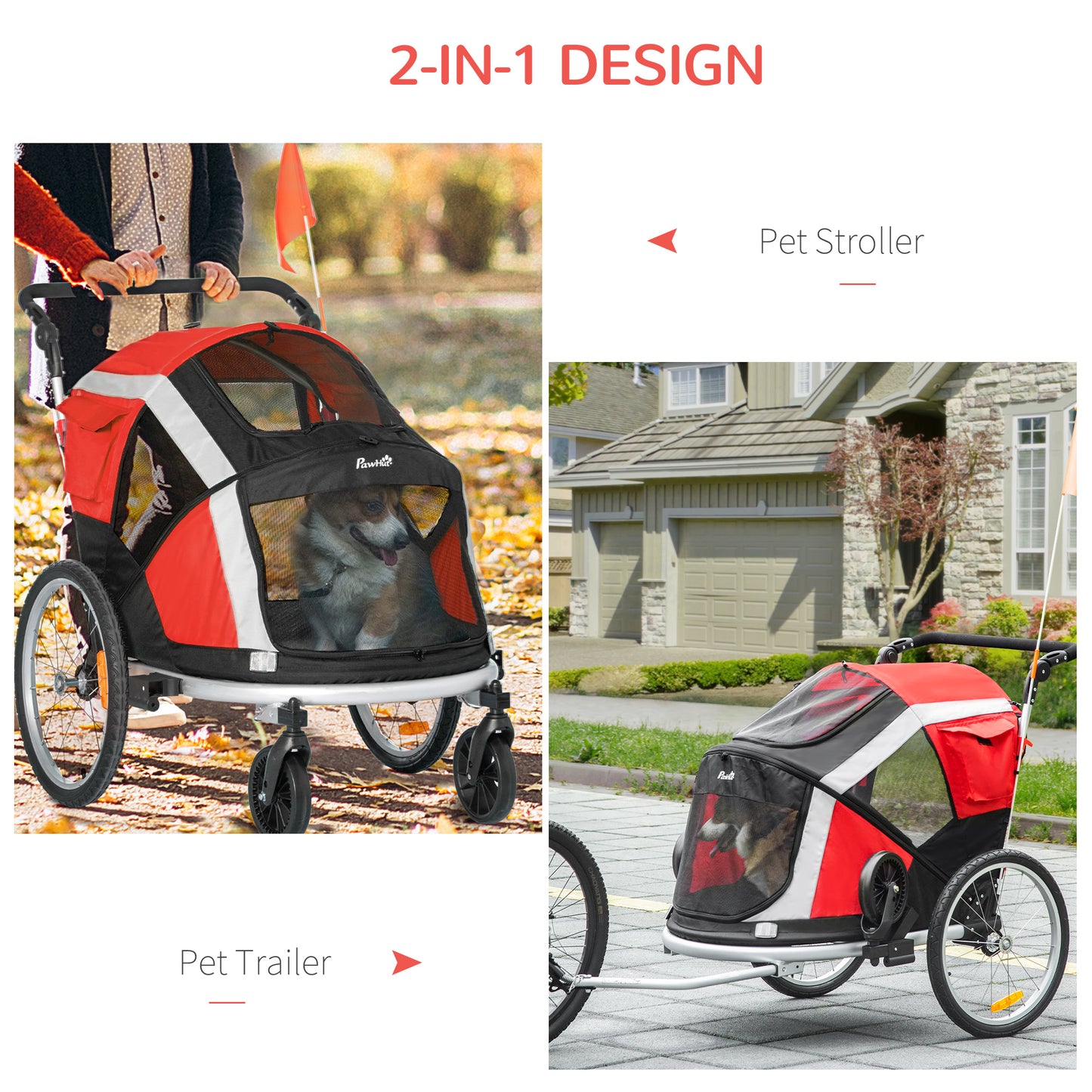 PawHut Dog Bike Trailer, 2-in-1 Foldable Pet Bike Trailer with Safety Tether, Flag for Small Cats, Puppies, Camping, Hiking, Red w/ Reflectors Puppy