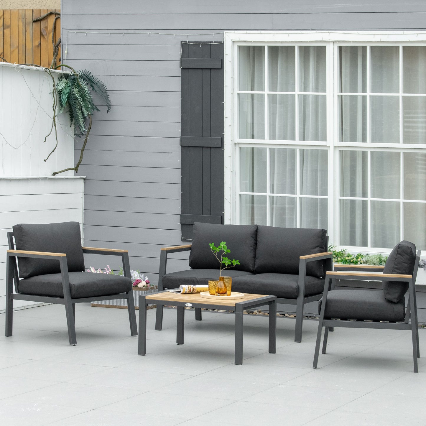 Outsunny 4 Piece Garden Sofa Set with Padded Cushions, 4-Seater Aluminium Outdoor Conversation Furniture Set with Coffee Table, Grey