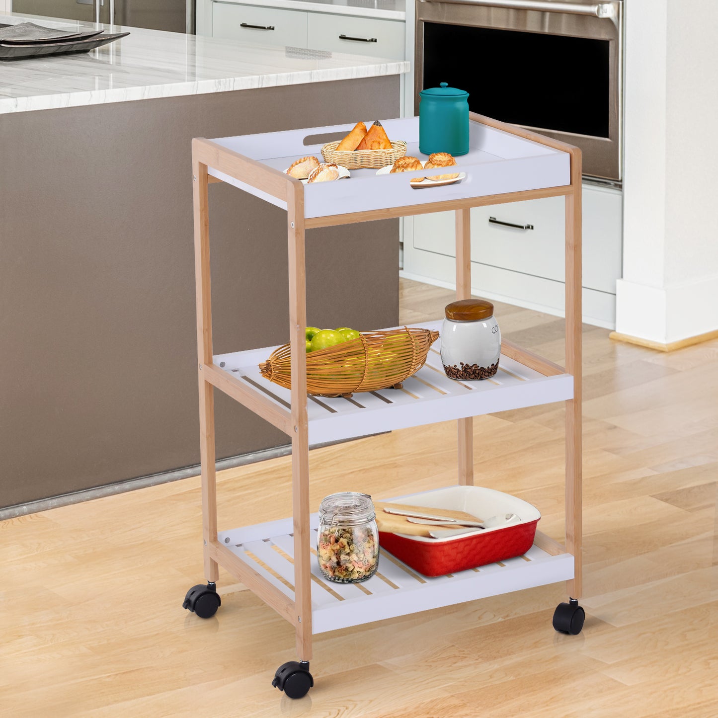 HOMCOM Kitchen Trolley, Bamboo/MDF board, 46Lx35Wx74.5H cm-White/Bamboo Colour