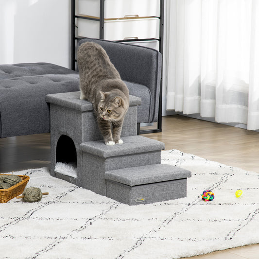 PawHut Dog Steps 3-step Pet Stairs with Kitten House and 2 Storage Boxes, 3 in 1 Dog Ramp for Sofa with Washable Plush Cushion