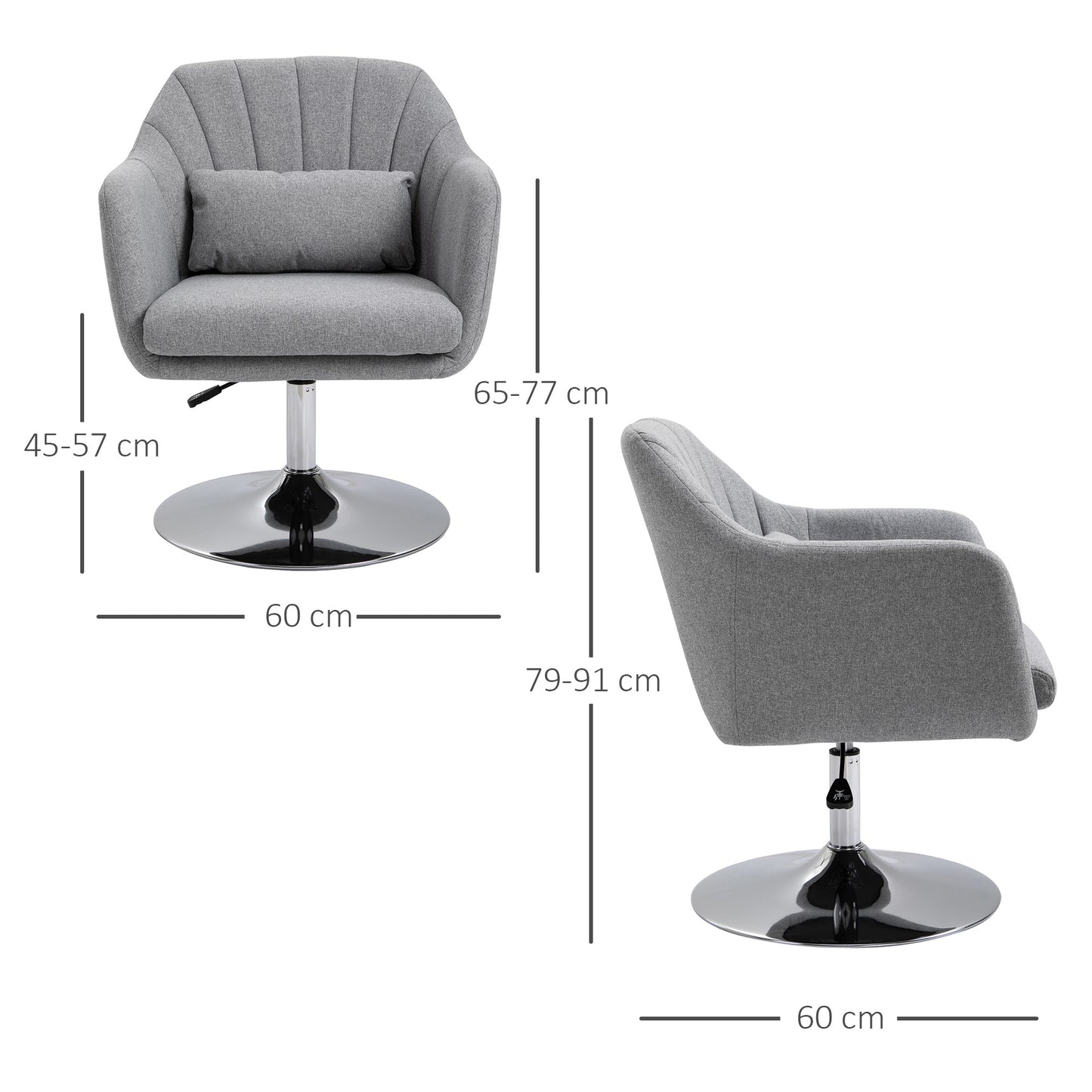 HOMCOM Swivel Accent Chair for Living Room Contemporary Vanity Armchair with Adjustable Height Thick Cushion Lumbar Support Armrest for Bedroom Office Light Grey