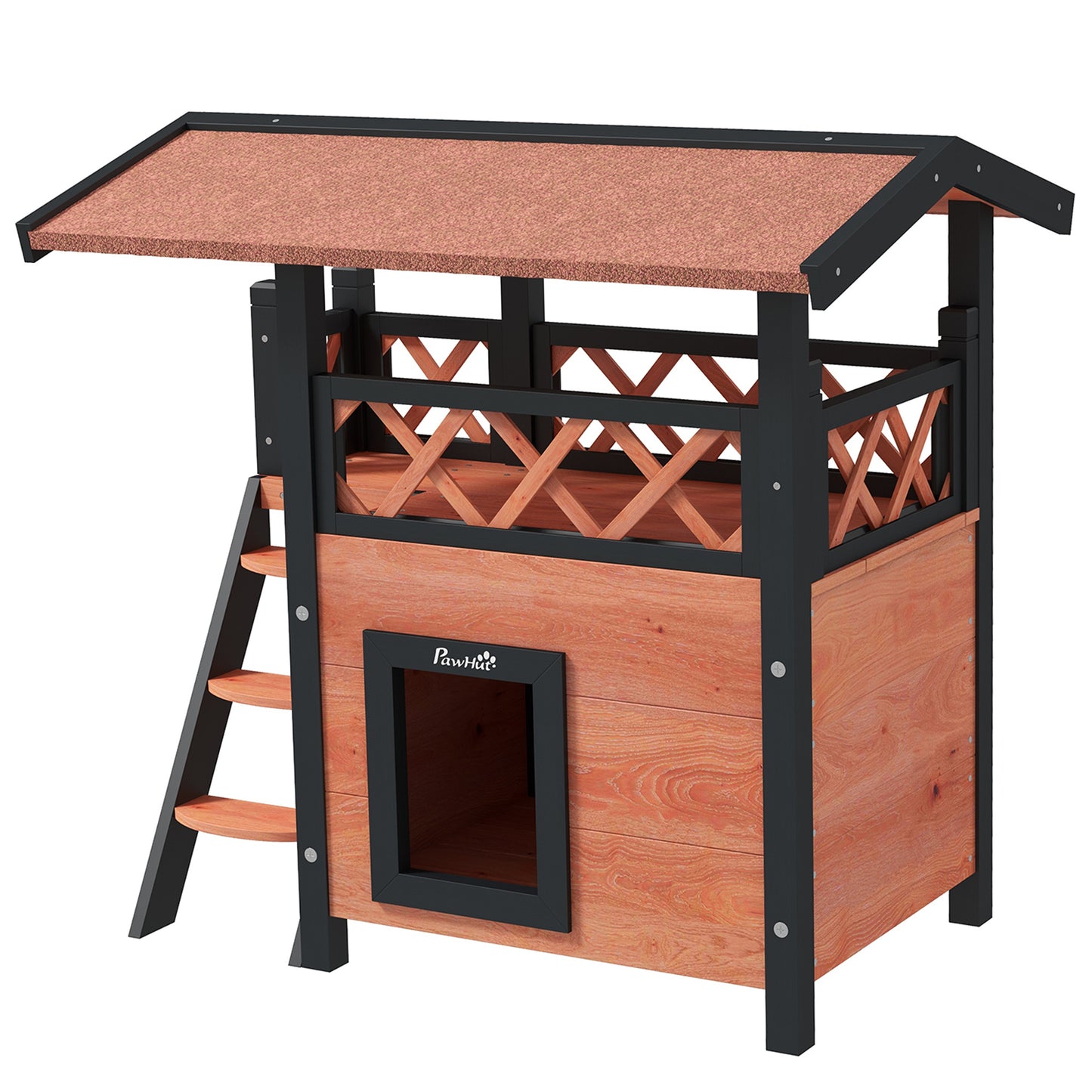 PawHut Cat House Outdoor w/ Balcony Stairs Roof 77 x 50 x 73 cm Brown