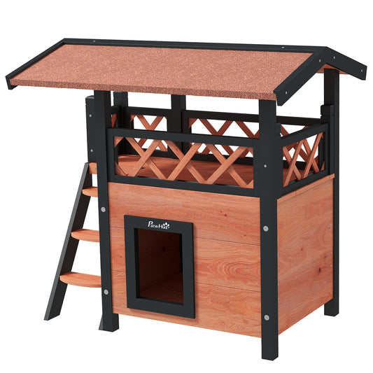 PawHut Cat House Outdoor w/ Balcony Stairs Roof 77 x 50 x 73 cm Brown