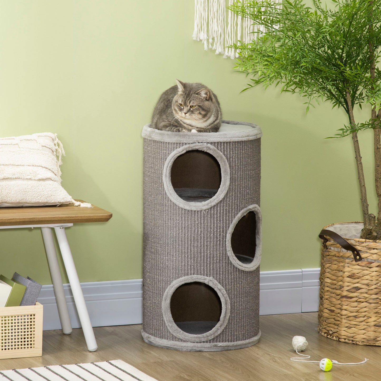 PawHut Cat Climbing Frame, Covered with Sisal, Cosy Platform - Light Grey