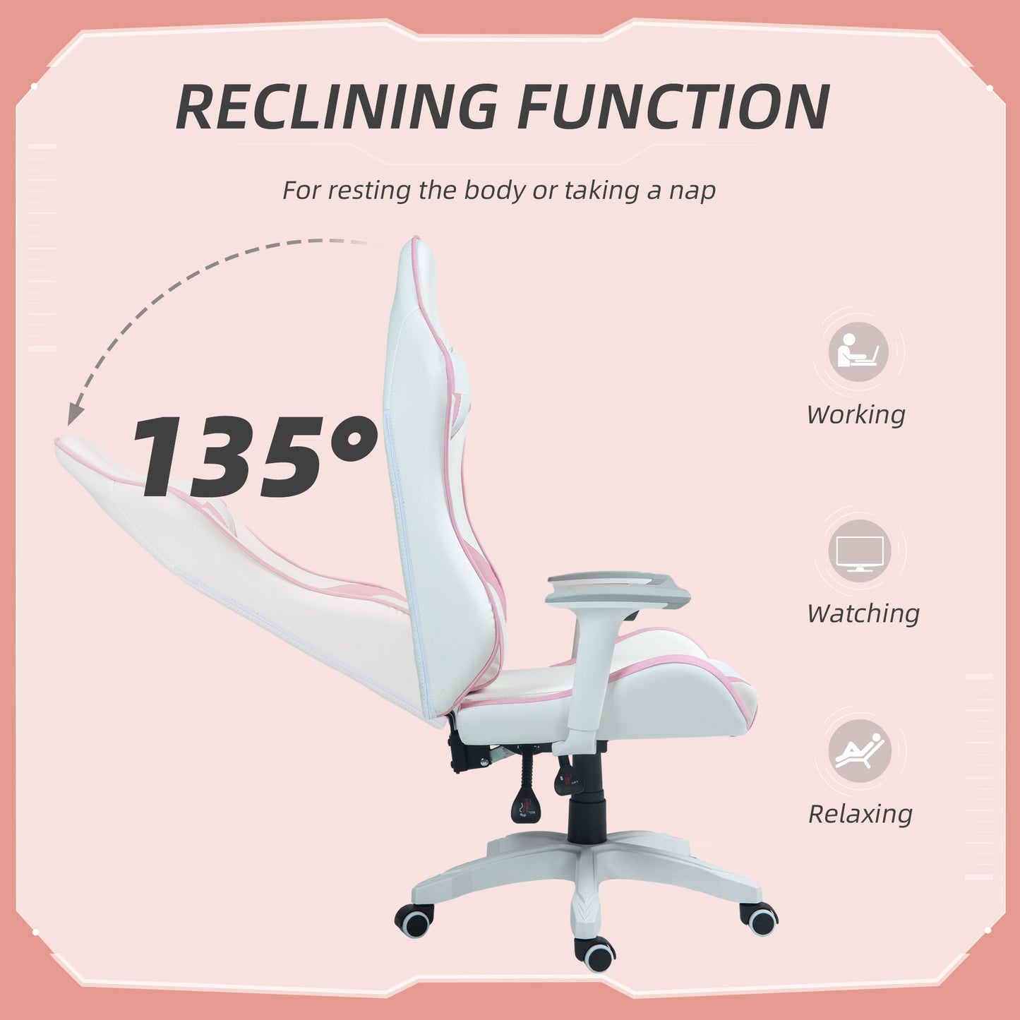 HOMCOM Gaming Chair, Racing Gamer Chair, Reclining Faux Leather Computer Chair with Headrest, Lumber Support, 3D Armrests, Adjustable Height, Swivel Wheels for Home Office, Pink